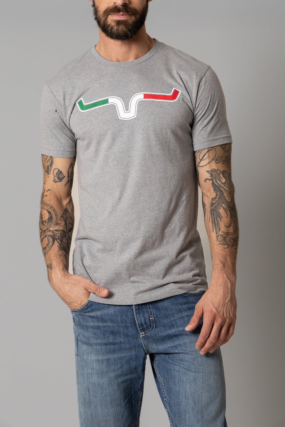 Kimes Ranch Semana Shirt in Grey Heather with a graphic of a winding road in green, white, and red