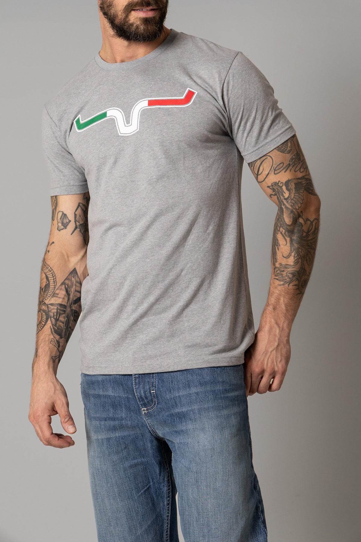 Kimes Ranch Semana Shirt in Grey Heather with a graphic of a wavy line in green, white, and red