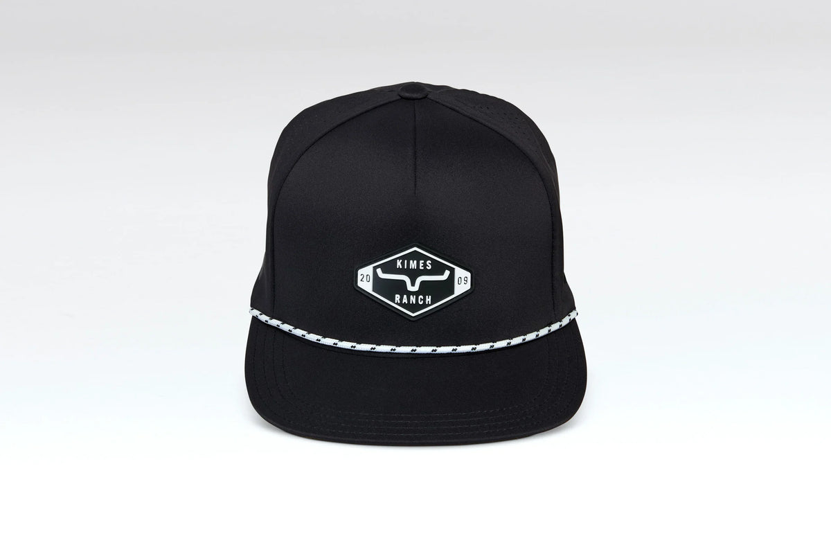 Kimes Ranch Serrano Trucker hat in Black with a front logo and white stitching on the brim