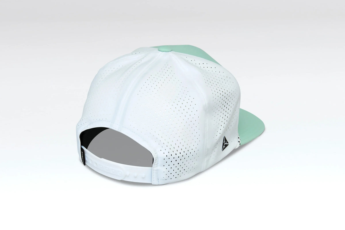 Kimes Ranch Serrano Trucker hat in Lime, back view, with perforated back panels and adjustable strap closure