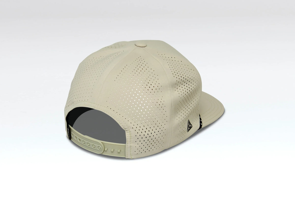 Kimes Ranch Serrano Trucker hat in Straw, back view, with perforated back and adjustable strap