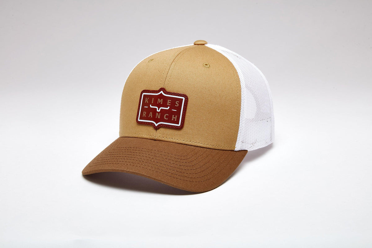 Kimes Ranch Sheridan hat in Work Wear Brown, side view, with white mesh back and embroidered Kimes Ranch logo