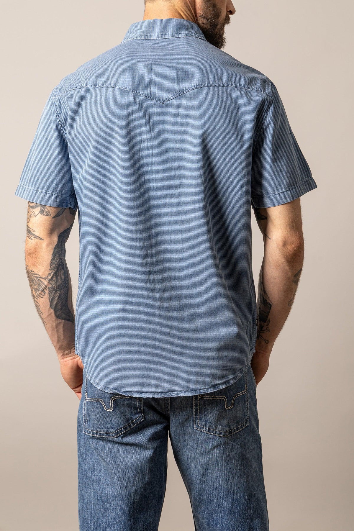 Kimes Ranch Shifter dress shirt in Indigo, back view, with a back yoke and short sleeves