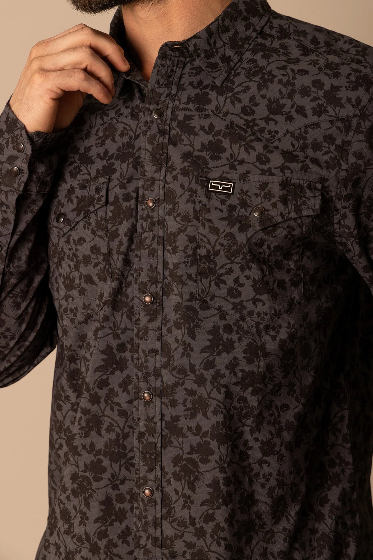 Kimes Ranch Show Vines dress shirt in Black with a floral pattern and chest pockets