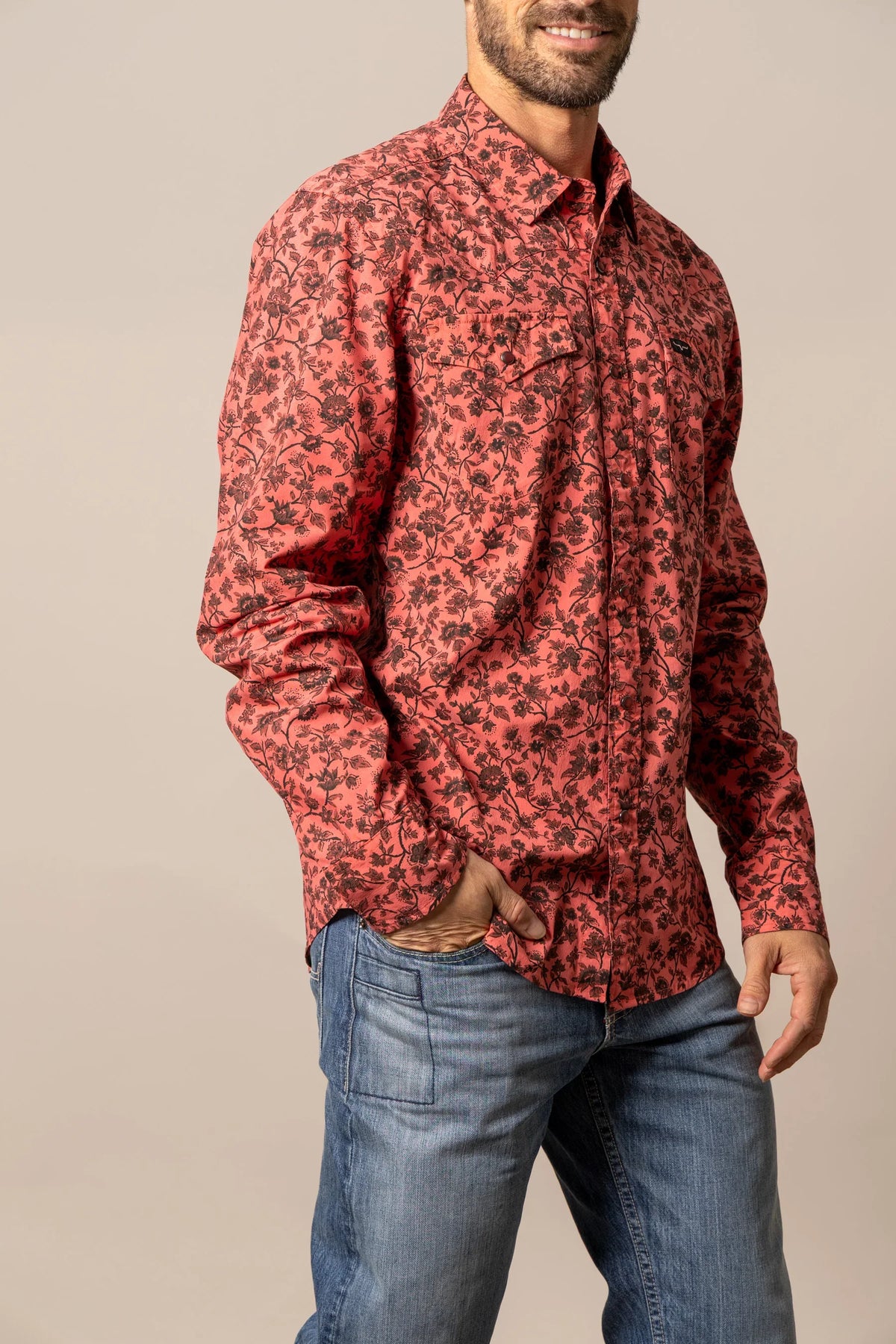 Kimes Ranch Show Vines dress shirt in Red with a black floral print and chest pockets
