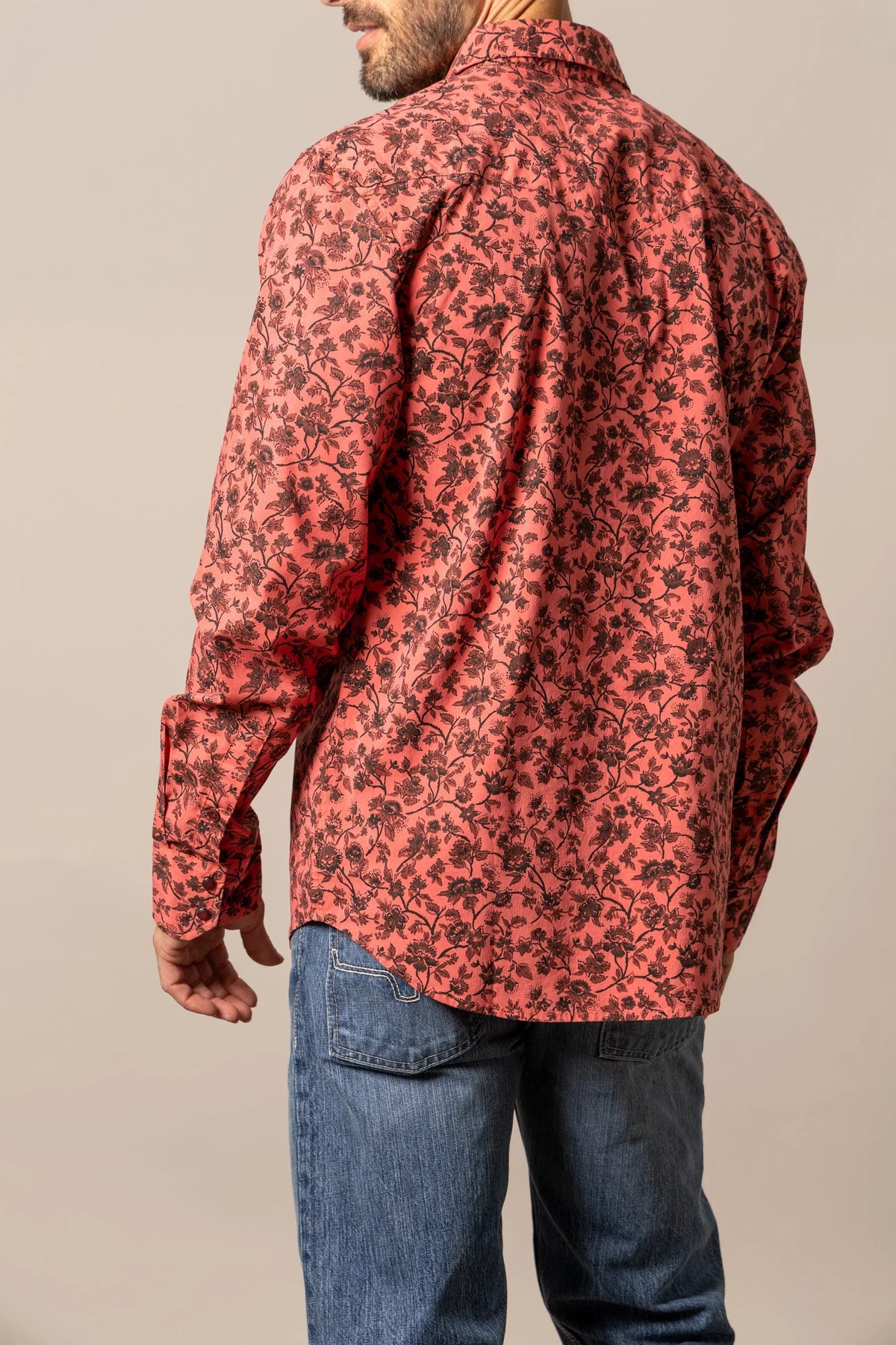 Kimes Ranch Show Vines dress shirt in Red, back view, with a black floral vine print and long sleeves