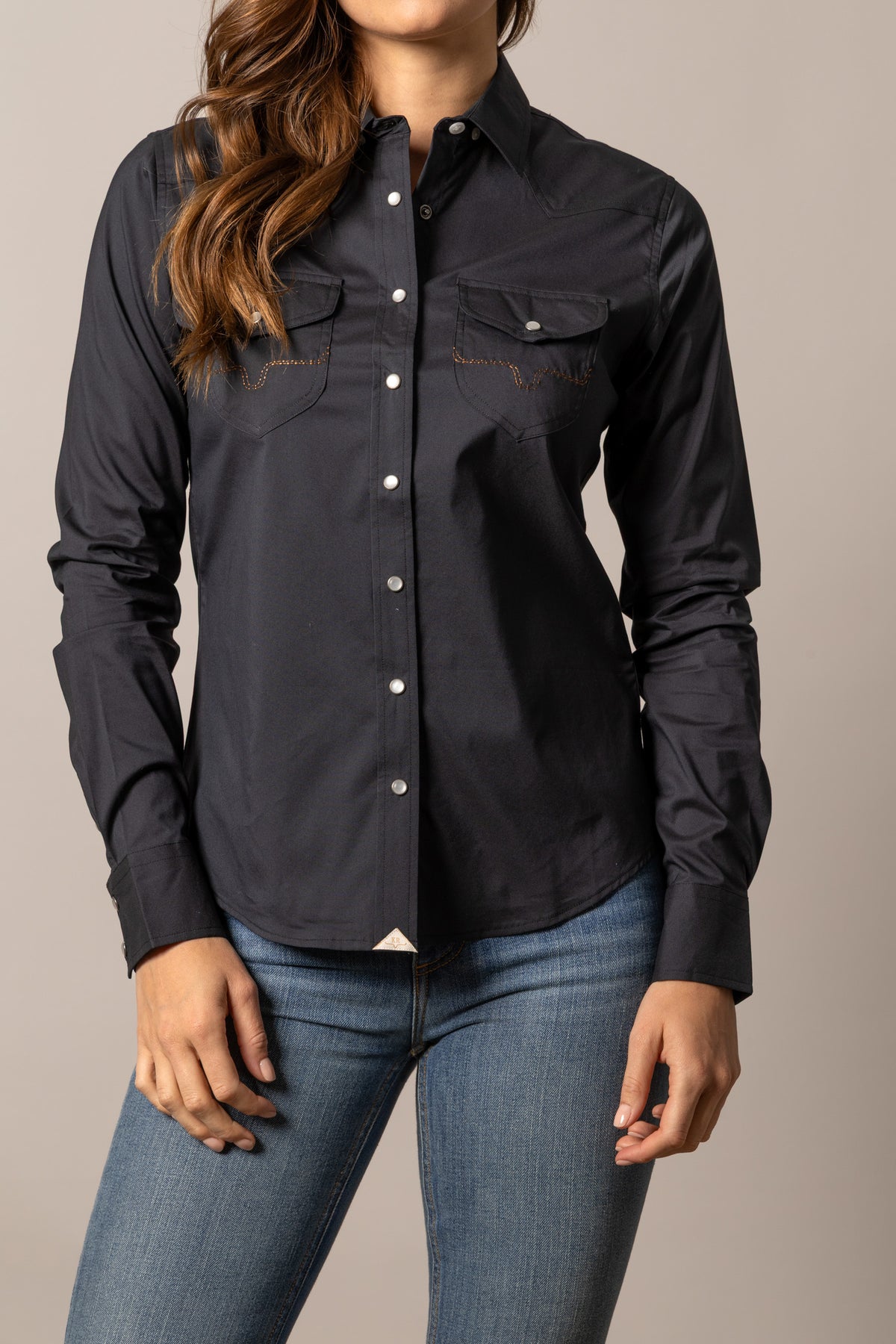 Kimes Ranch Skeeter Black long sleeve top with snap front and contrast stitching on chest pockets