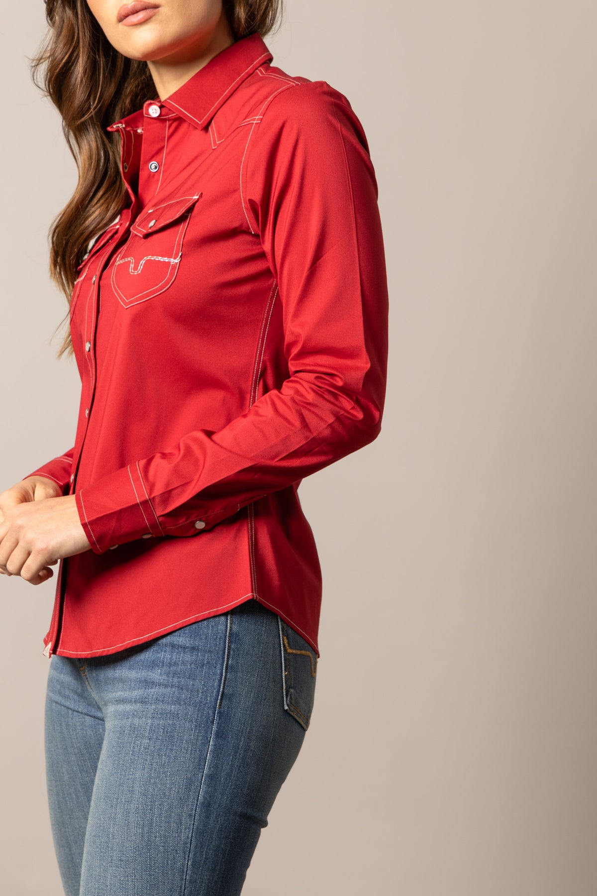 Kimes Ranch Skeeter long sleeve button-up top in Red, side view, with contrast stitching and a chest pocket