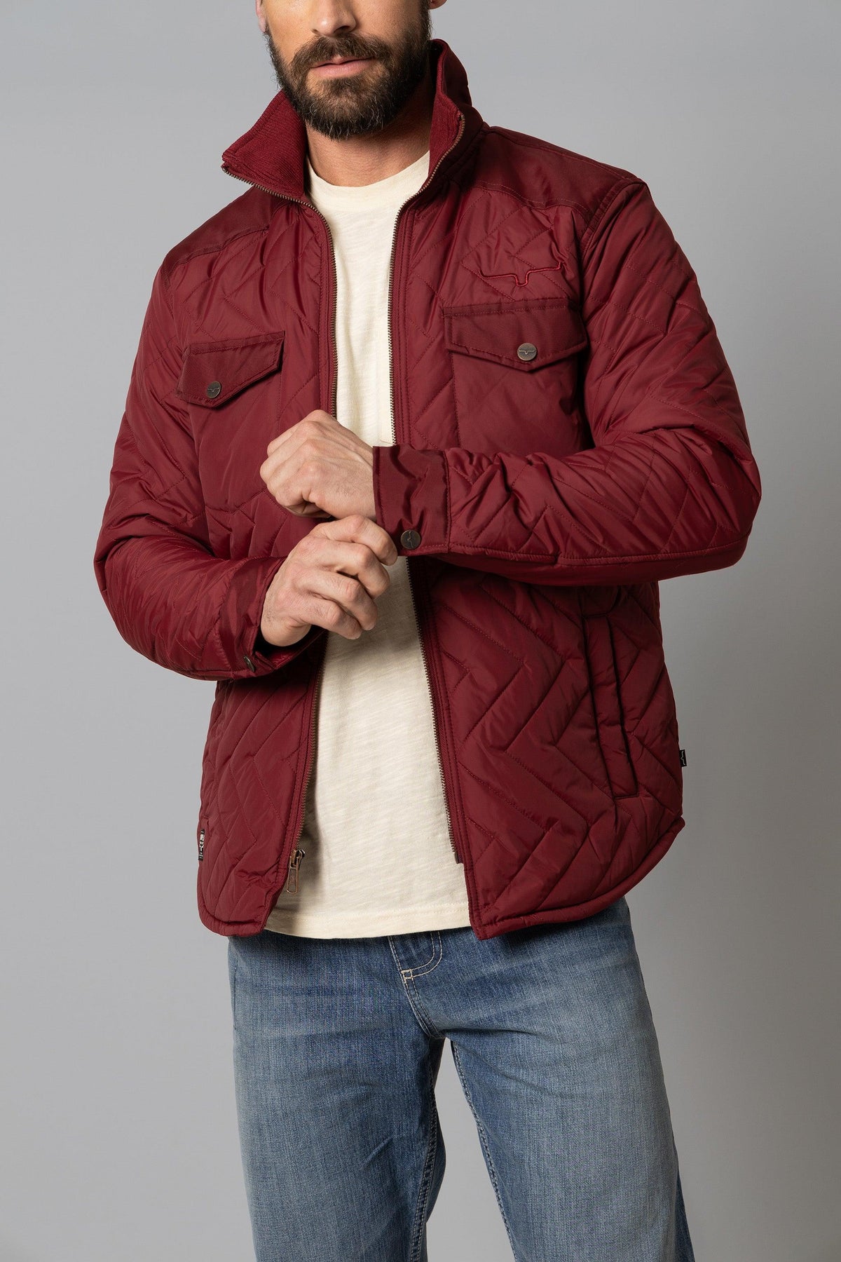 Kimes Ranch Skink Jacket in Burgundy with a stand collar, zip front, and diamond quilting