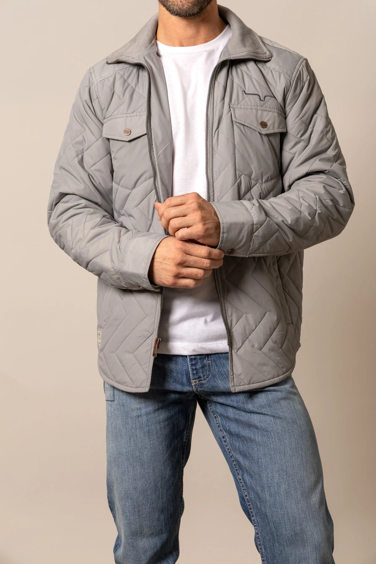 Kimes Ranch Skink Jacket in Grey with a chevron quilted pattern and two front flap pockets