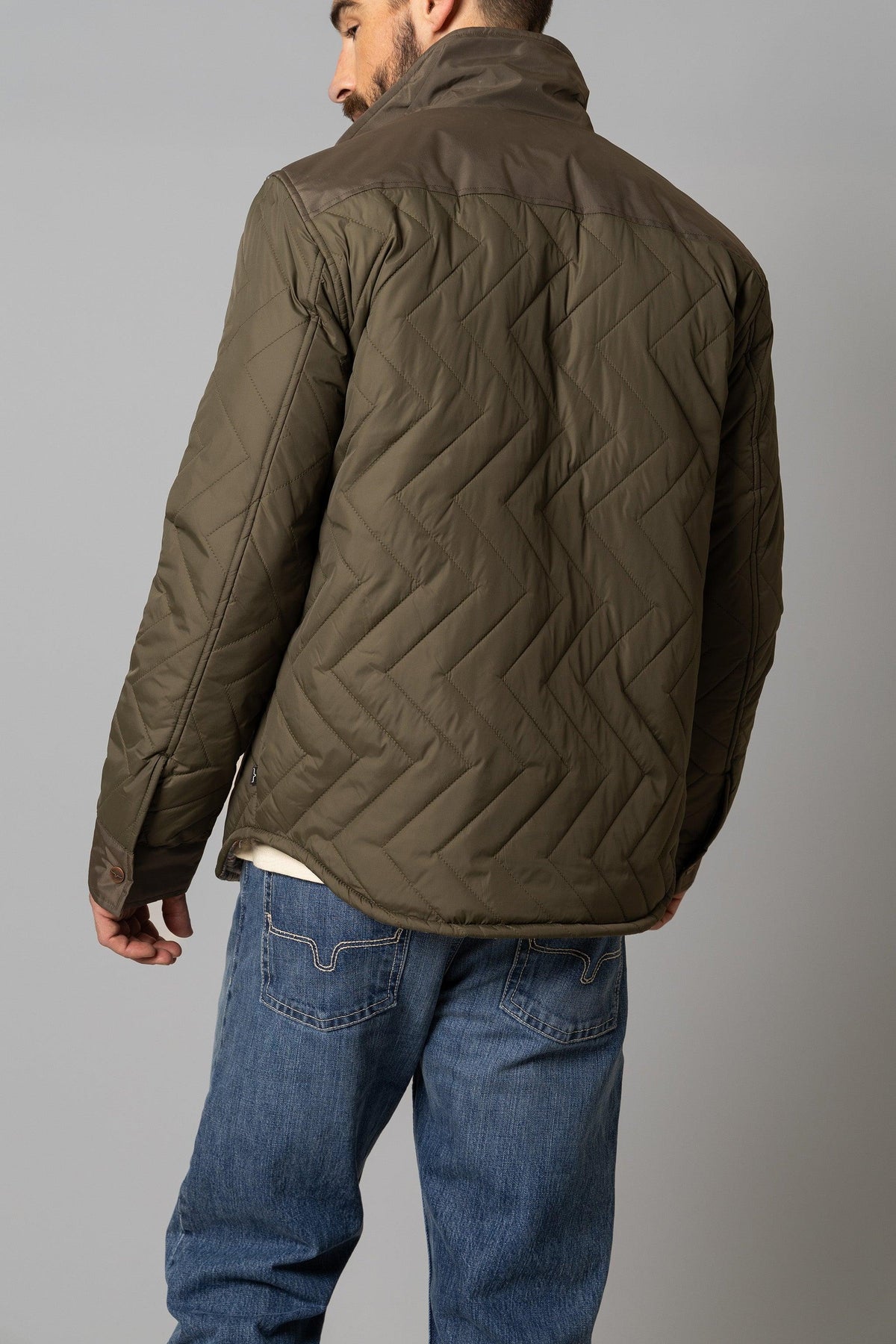 Kimes Ranch Skink Jacket in Military Green, back view, with chevron quilted back and yoke