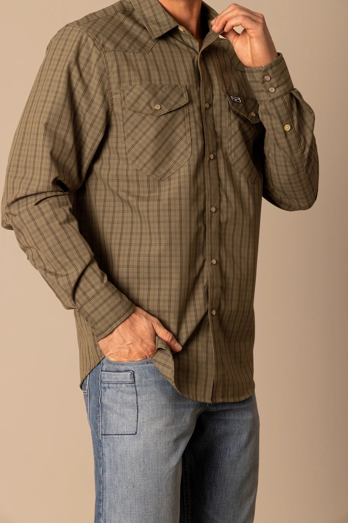 Kimes Ranch Smalls dress shirt in Army with a plaid pattern and chest pockets