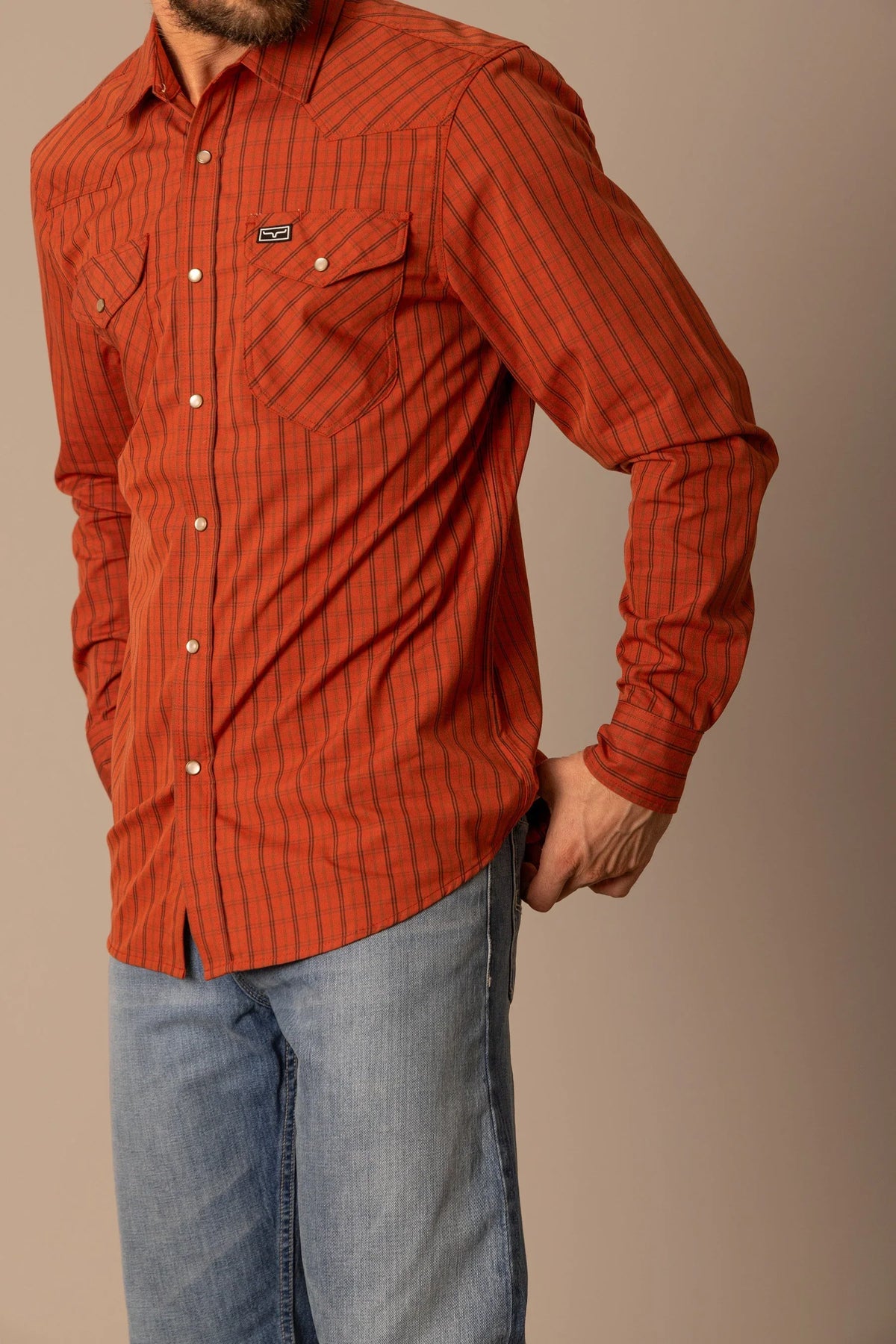 Kimes Ranch Smalls dress shirt in Brick Red with a plaid pattern and chest pockets