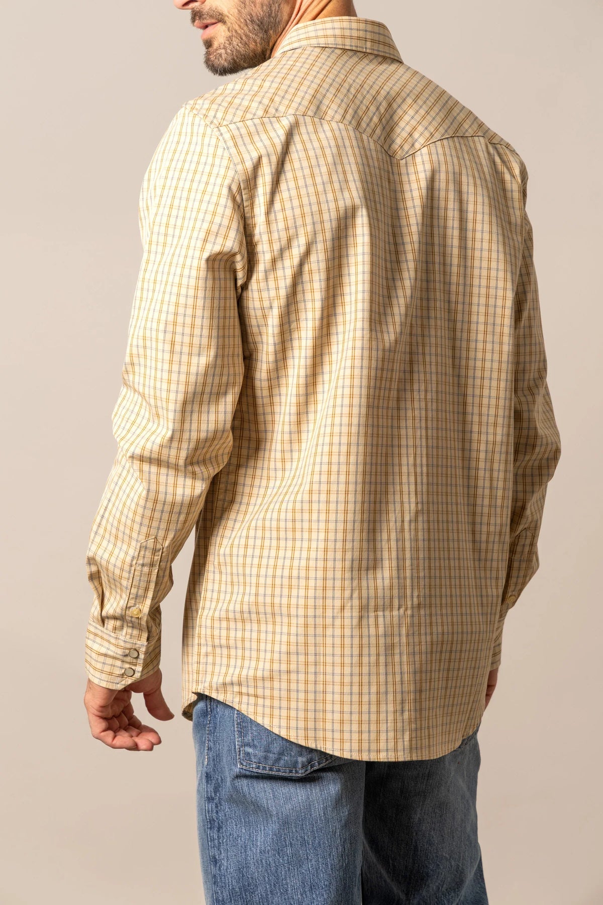 Kimes Ranch Smalls dress shirt in Tan, back view, with a plaid pattern and long sleeves