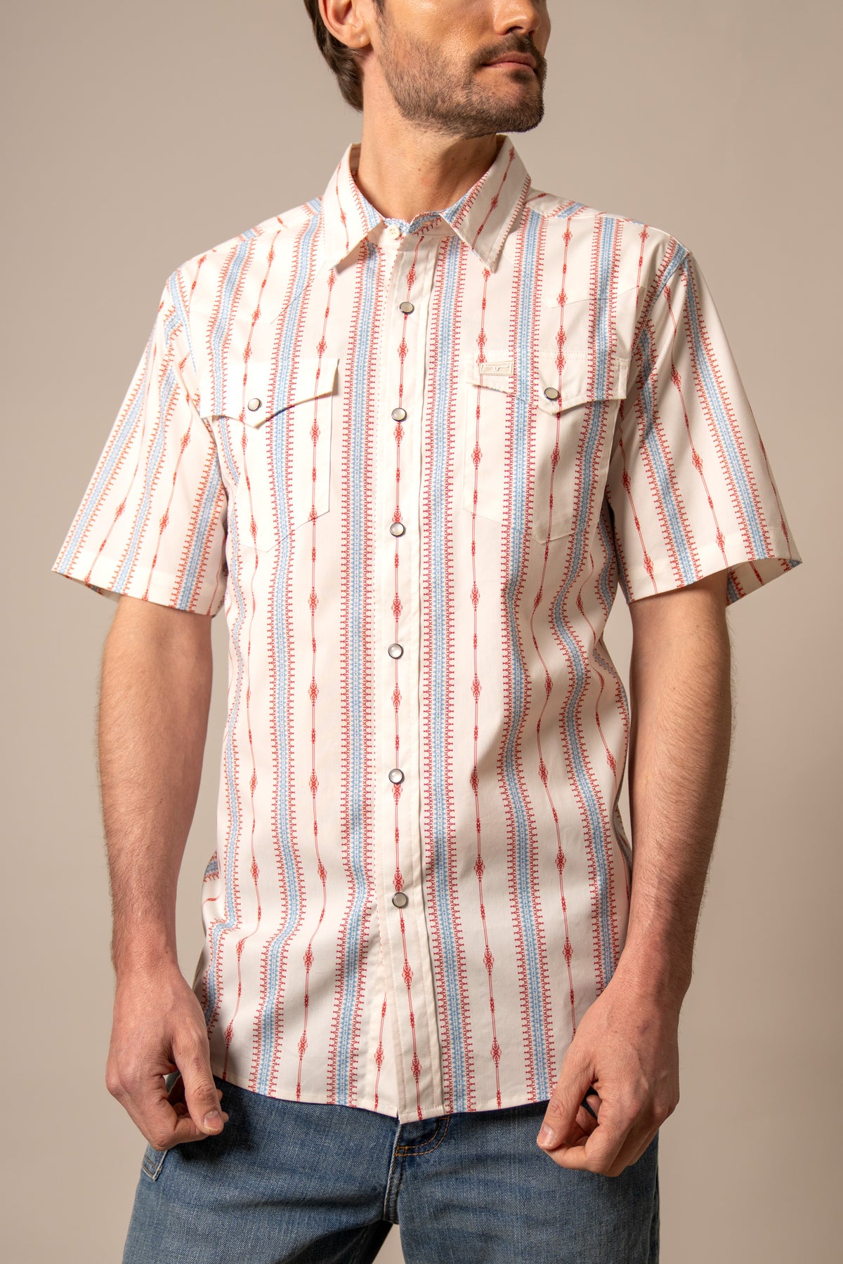 Kimes Ranch Sonny dress shirt in Brick Red with blue and red vertical stripes and two chest pockets