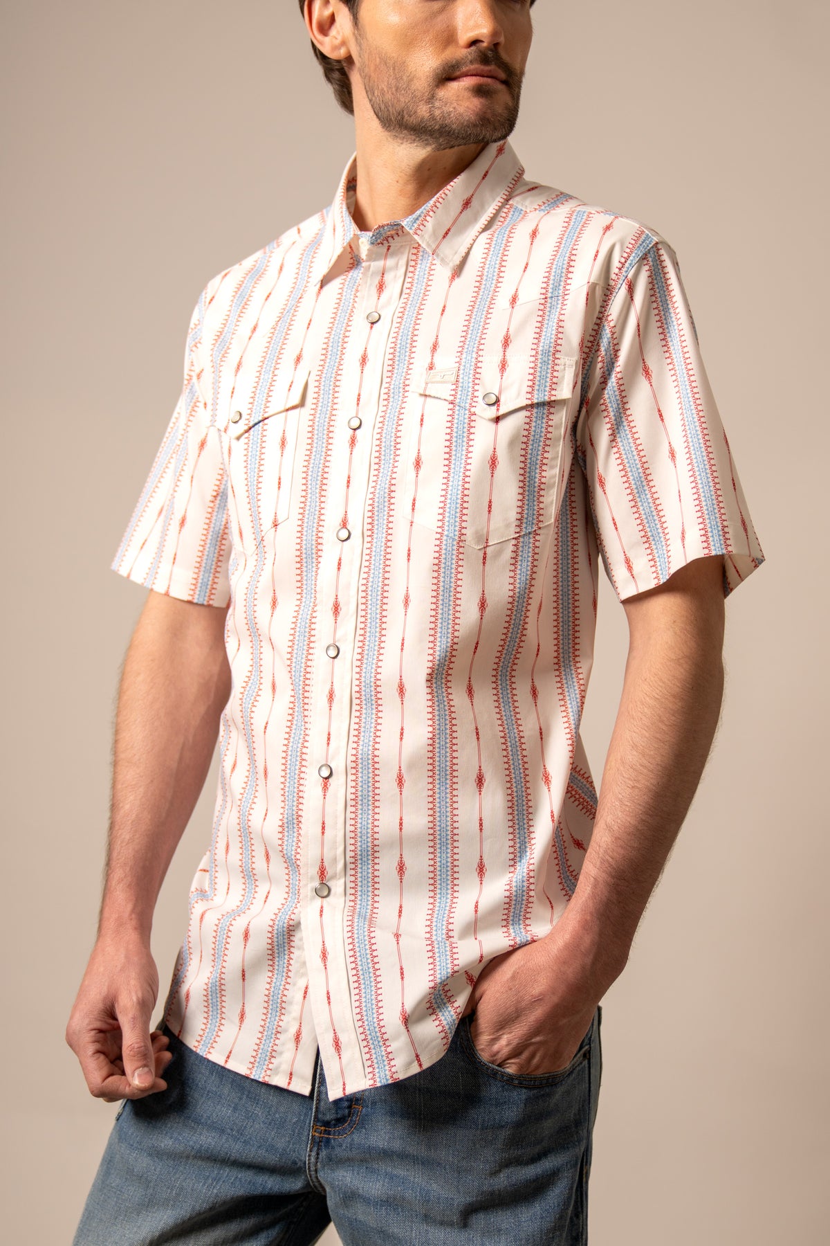 Kimes Ranch Sonny short sleeve dress shirt in Brick Red with vertical red and blue patterned stripes and two chest pockets