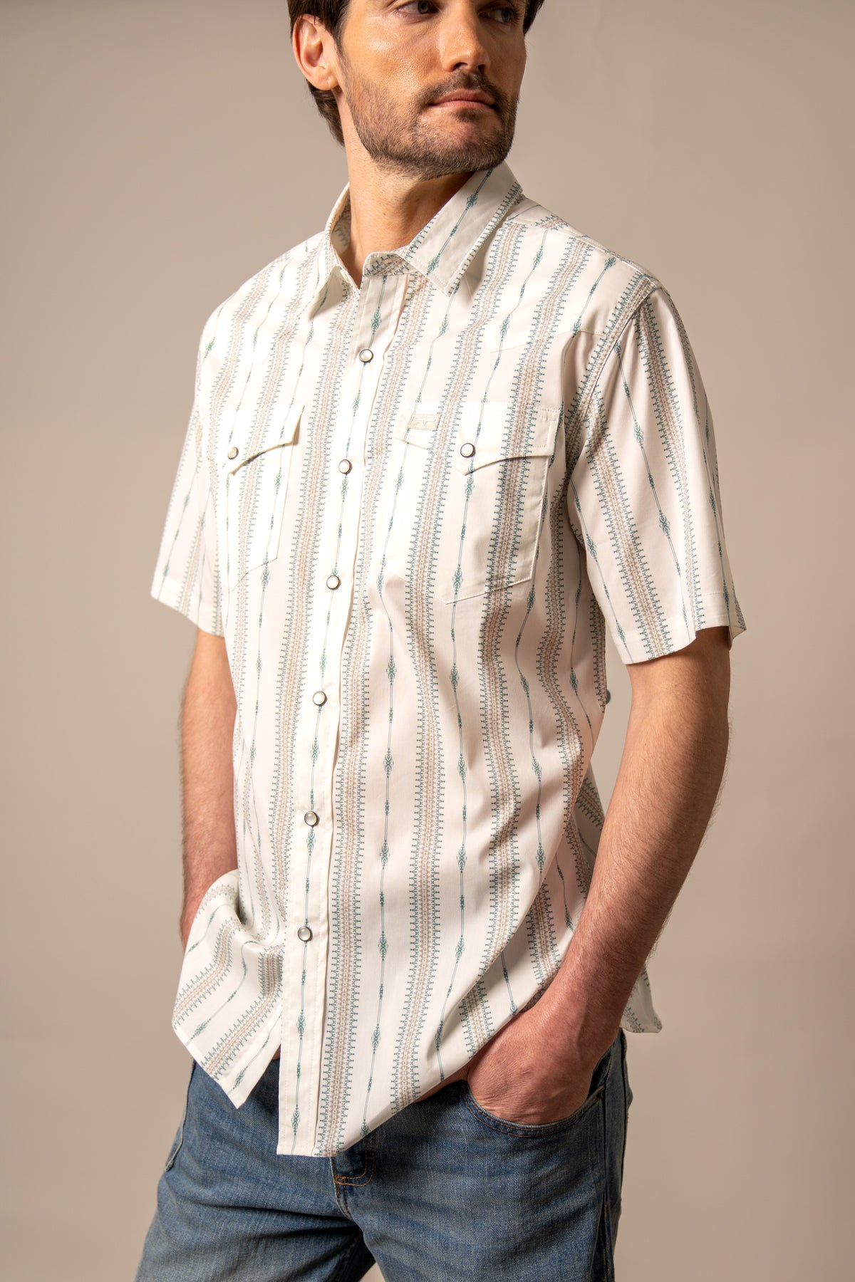 Kimes Ranch Sonny short sleeve dress shirt in Green with vertical pattern and two chest pockets