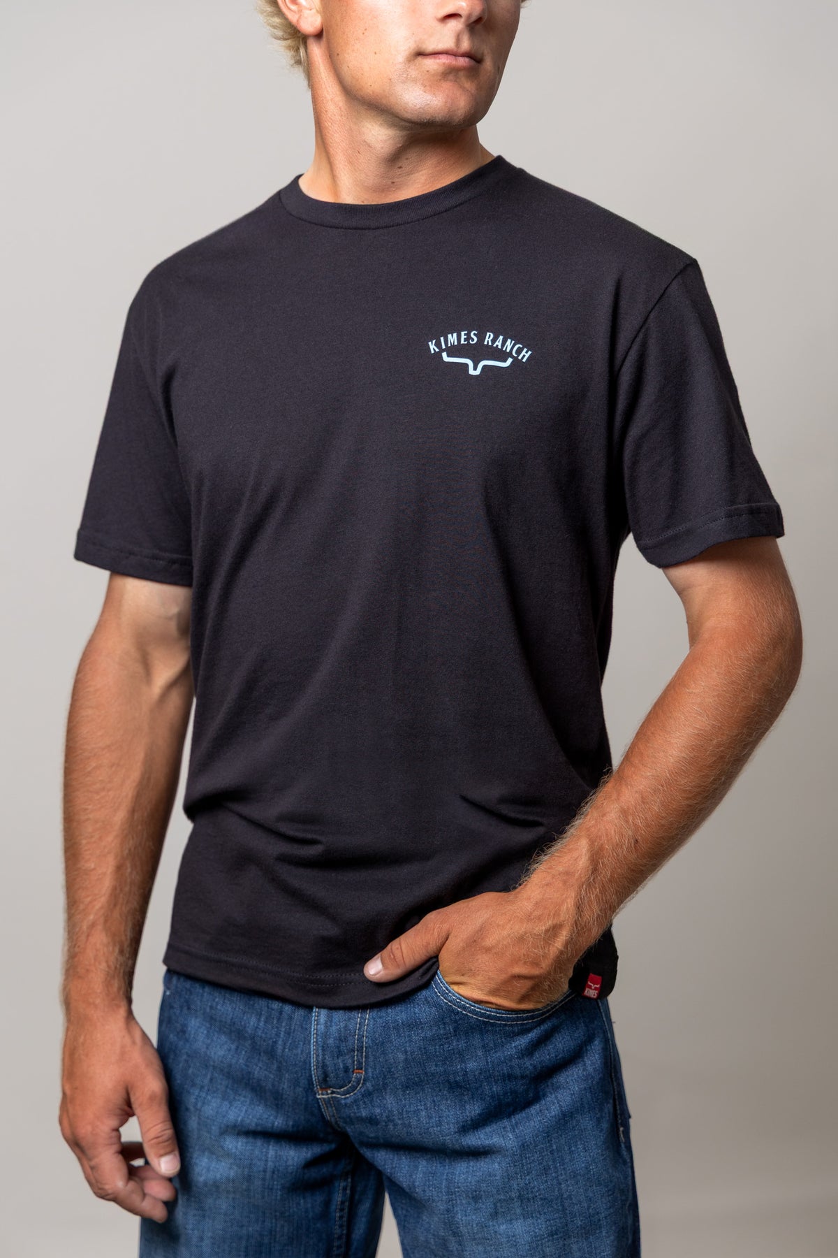 Kimes Ranch Southwestern shirt in Black with a crew neck and short sleeves featuring the Kimes Ranch logo on the chest