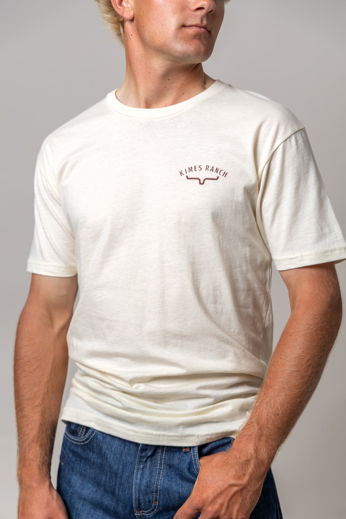 Kimes Ranch Southwestern short sleeve shirt in White with a small Kimes Ranch logo on the chest