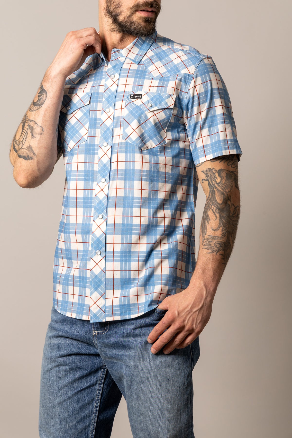 Kimes Ranch Spade short sleeve dress shirt in Blue with white and red plaid pattern and two chest pockets