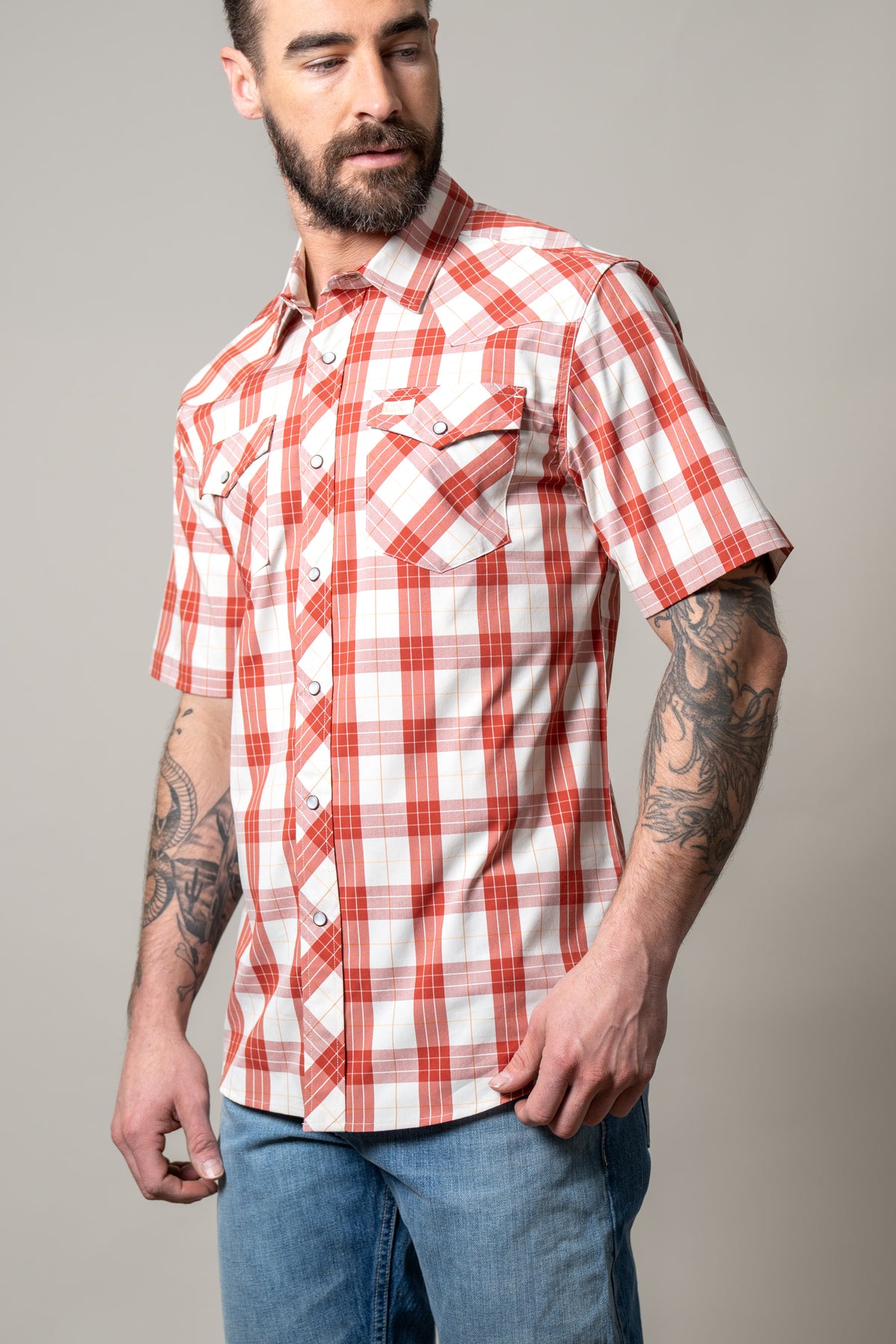 Kimes Ranch Spade dress shirt in Brick Red with short sleeves and two button flap chest pockets