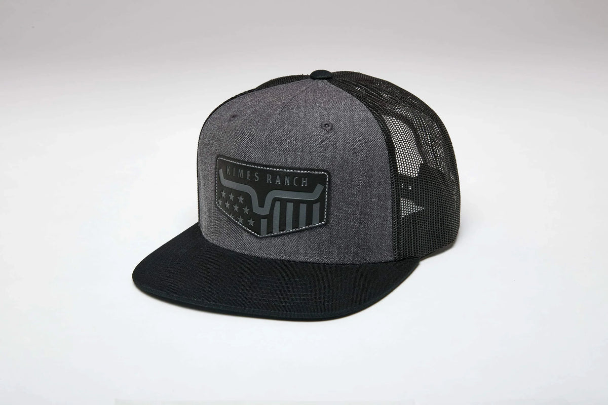Kimes Ranch Spangled hat in Charcoal Heather, side view, with a black brim and mesh back featuring the Kimes Ranch logo