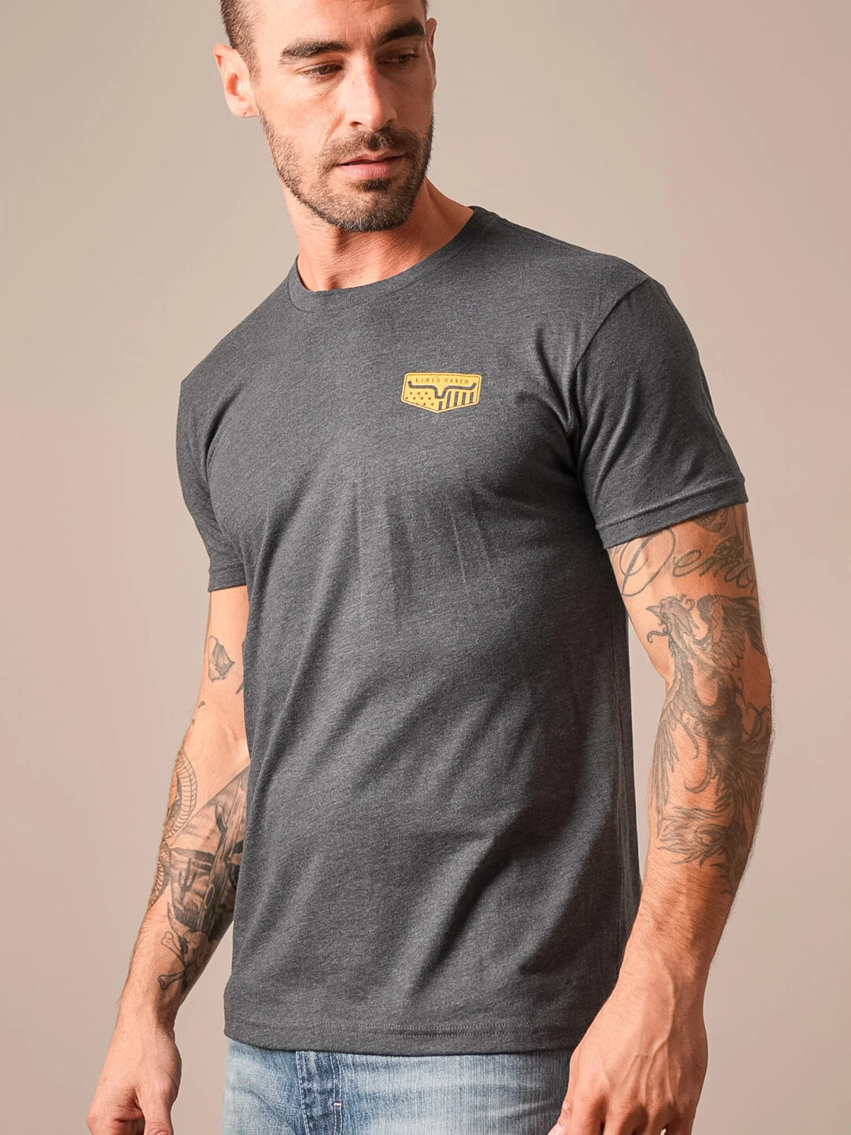Kimes Ranch Spangled shirt in Charcoal with a short sleeve crew neck and a small chest logo