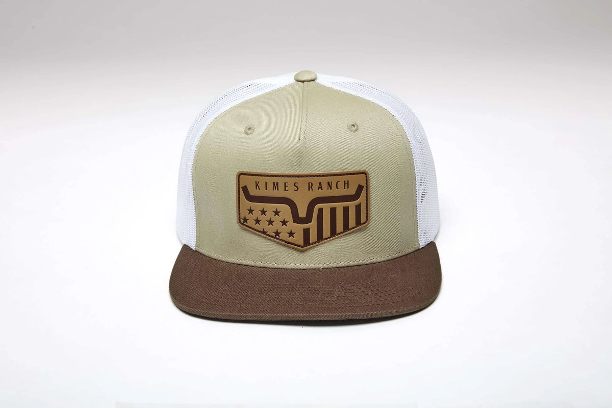 Kimes Ranch Spangled hat in Khaki with white mesh back and brown brim featuring the Kimes Ranch logo