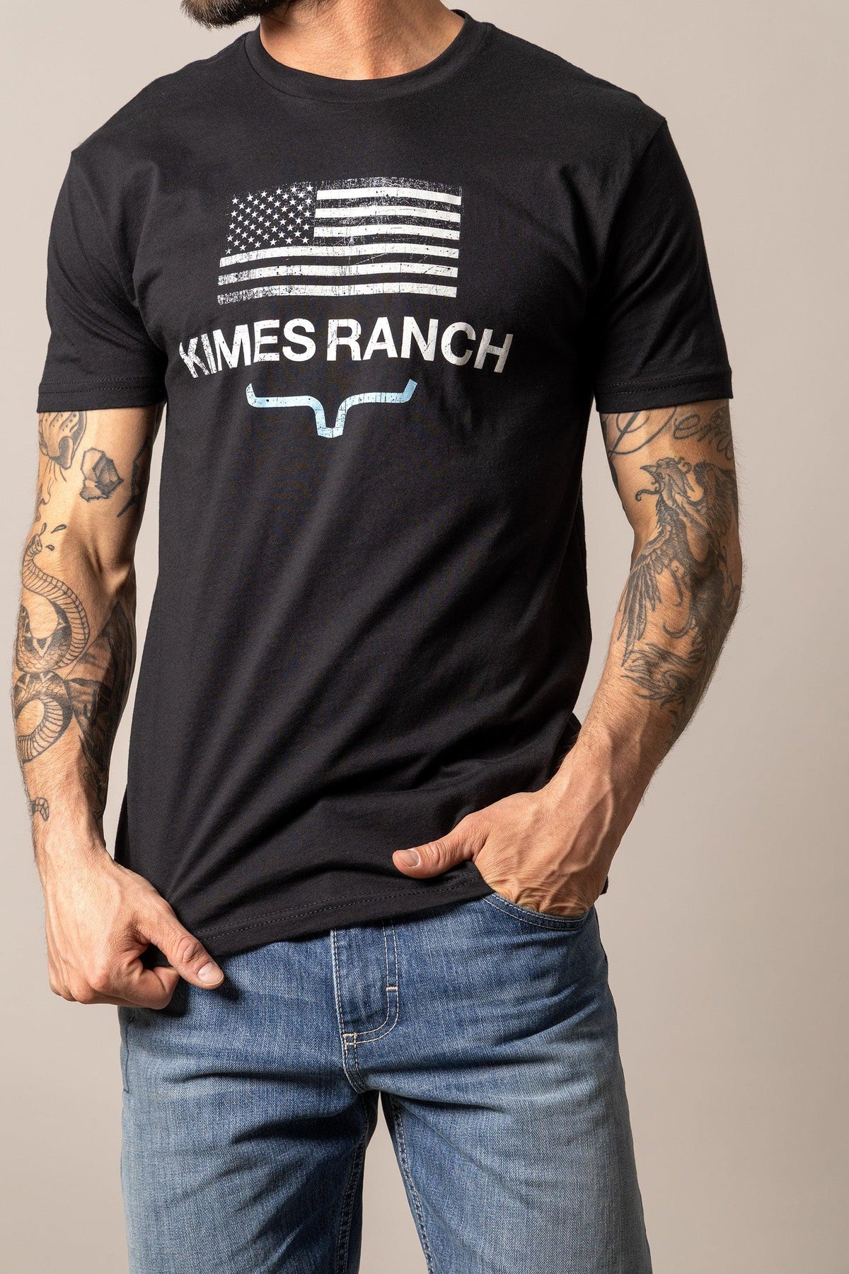 Kimes Ranch Stability shirt in Black with a distressed American flag graphic and the Kimes Ranch logo