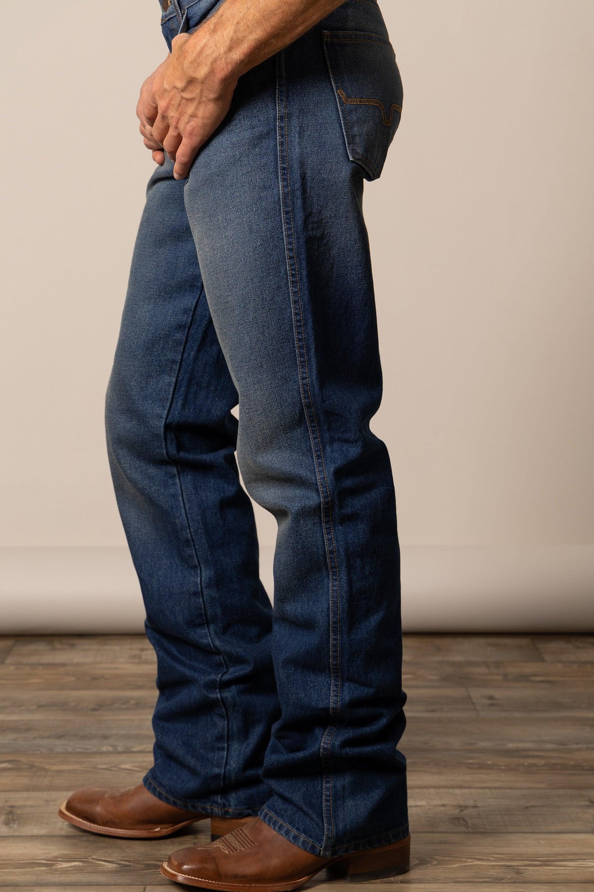 Kimes Ranch Stewart relaxed bootcut jeans in indigo with the relaxed fit and classic five-pocket styling