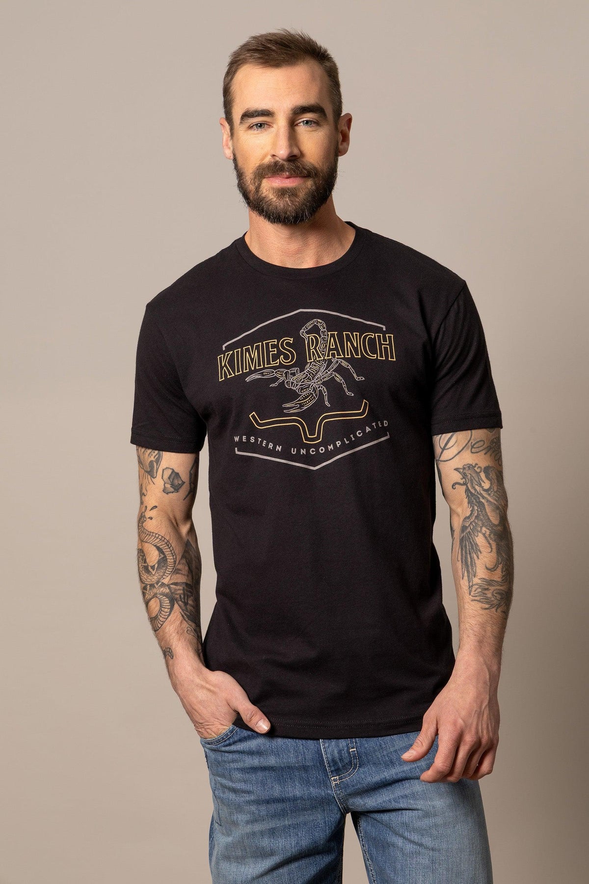 Kimes Ranch Sting shirt in Black with a graphic print of a scorpion and the Kimes Ranch logo