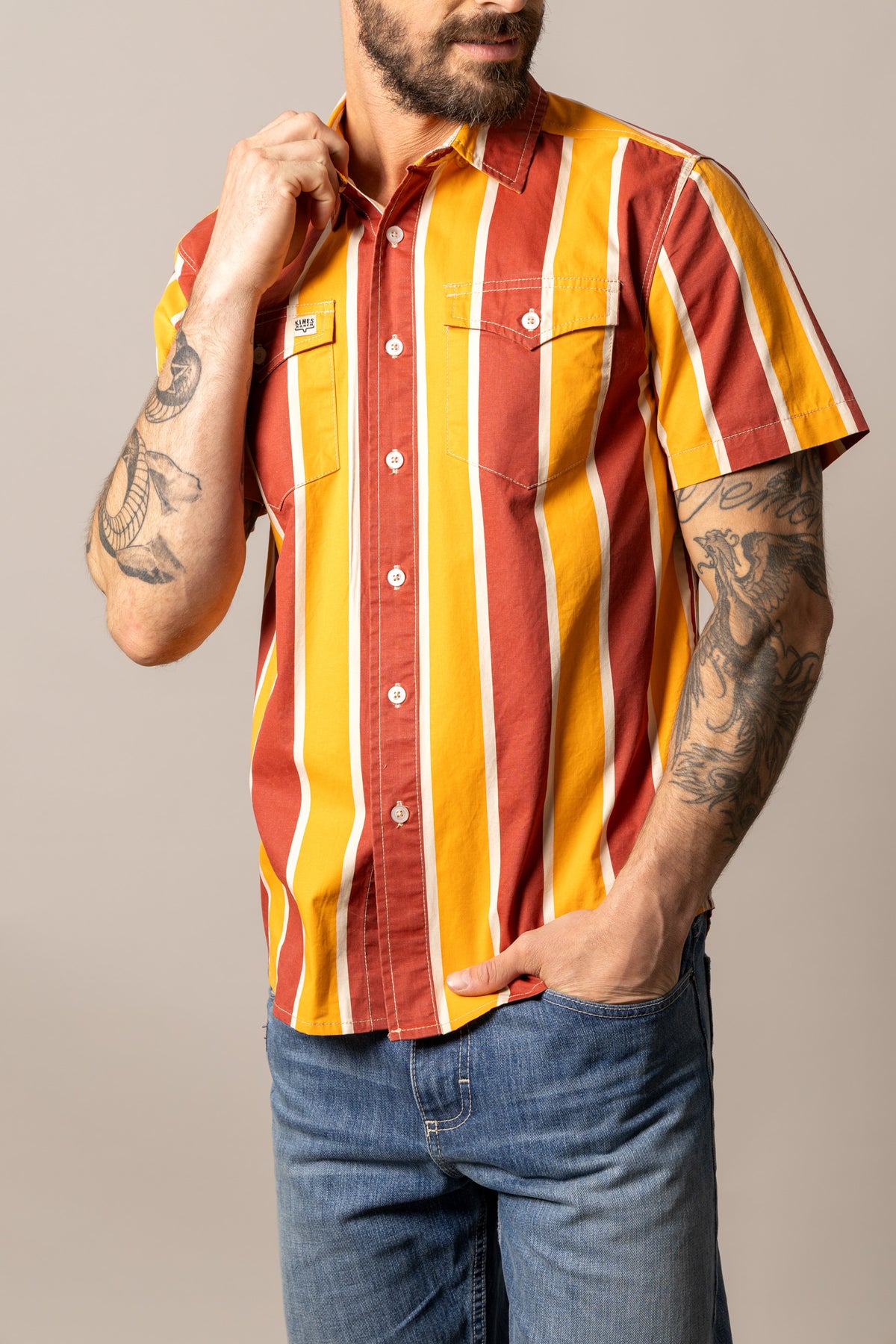 Kimes Ranch Stoppy dress shirt in Brick Red with yellow and white vertical stripes and two chest pockets