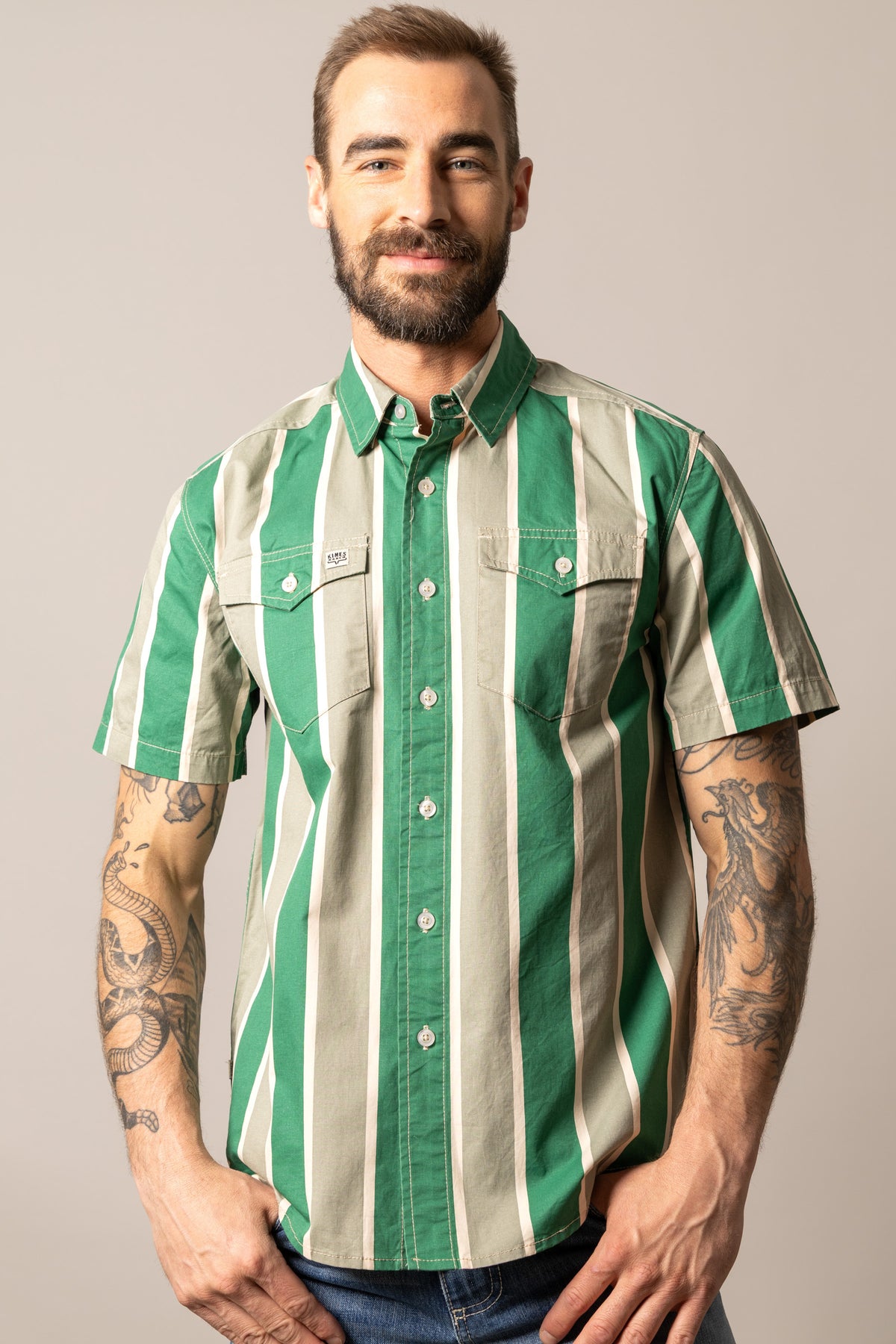 Kimes Ranch Stoppy dress shirt in Sage with vertical stripes and two button flap chest pockets