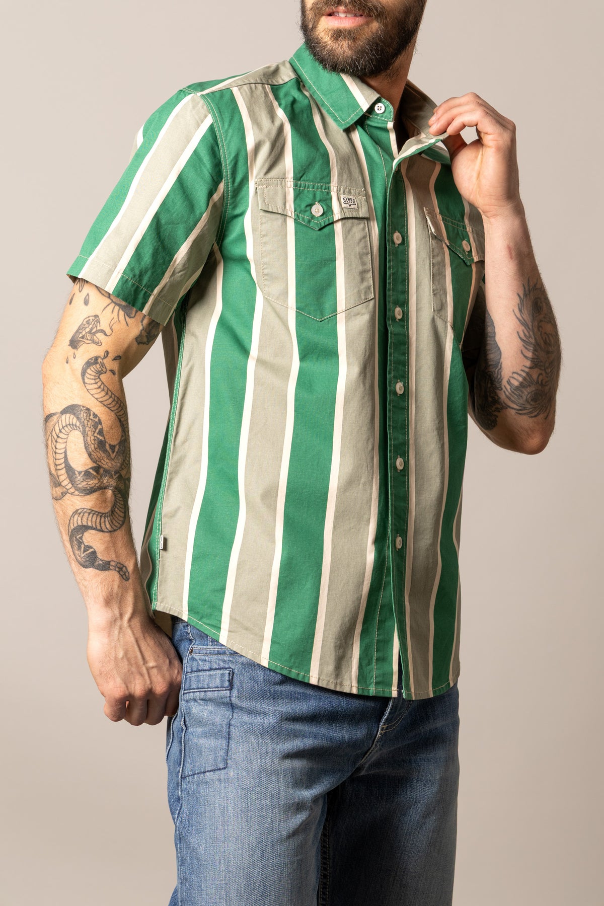 Kimes Ranch Stoppy dress shirt in Sage with vertical stripes and two button flap chest pockets