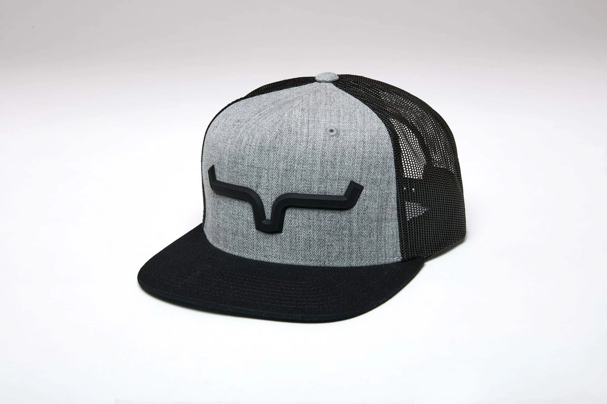 Kimes Ranch Super Charged hat in Grey Heather, side view, with a black brim and mesh back featuring the Kimes Ranch logo