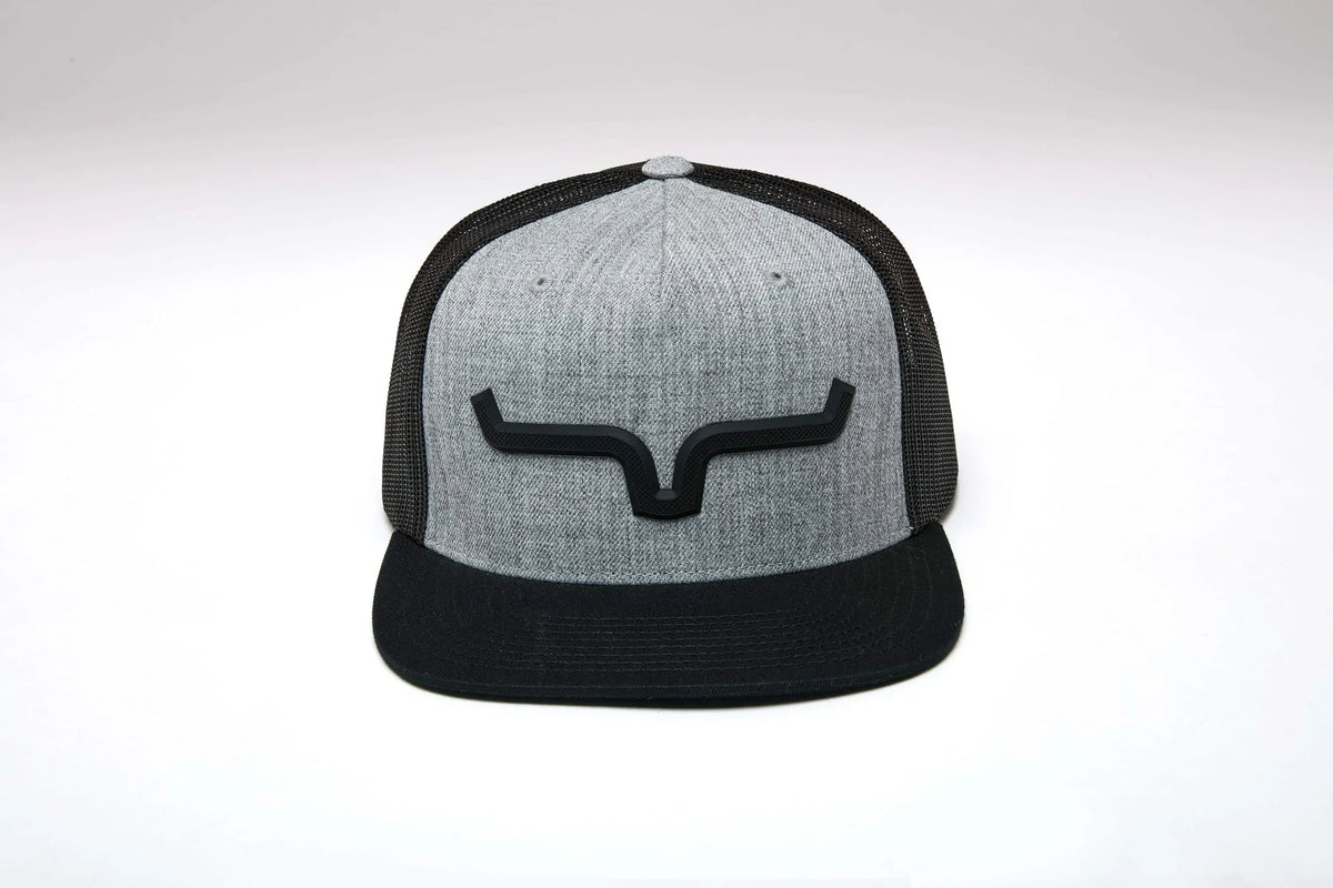 Kimes Ranch Super Charged Grey Heather trucker hat with black mesh back and brim and Kimes Ranch logo