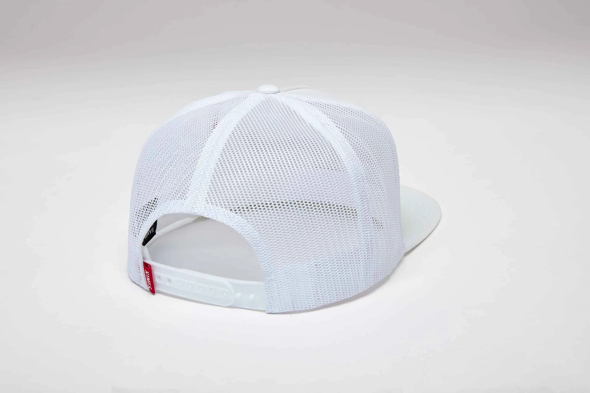 Kimes Ranch Super Charged, back view, White mesh trucker hat with adjustable snapback closure