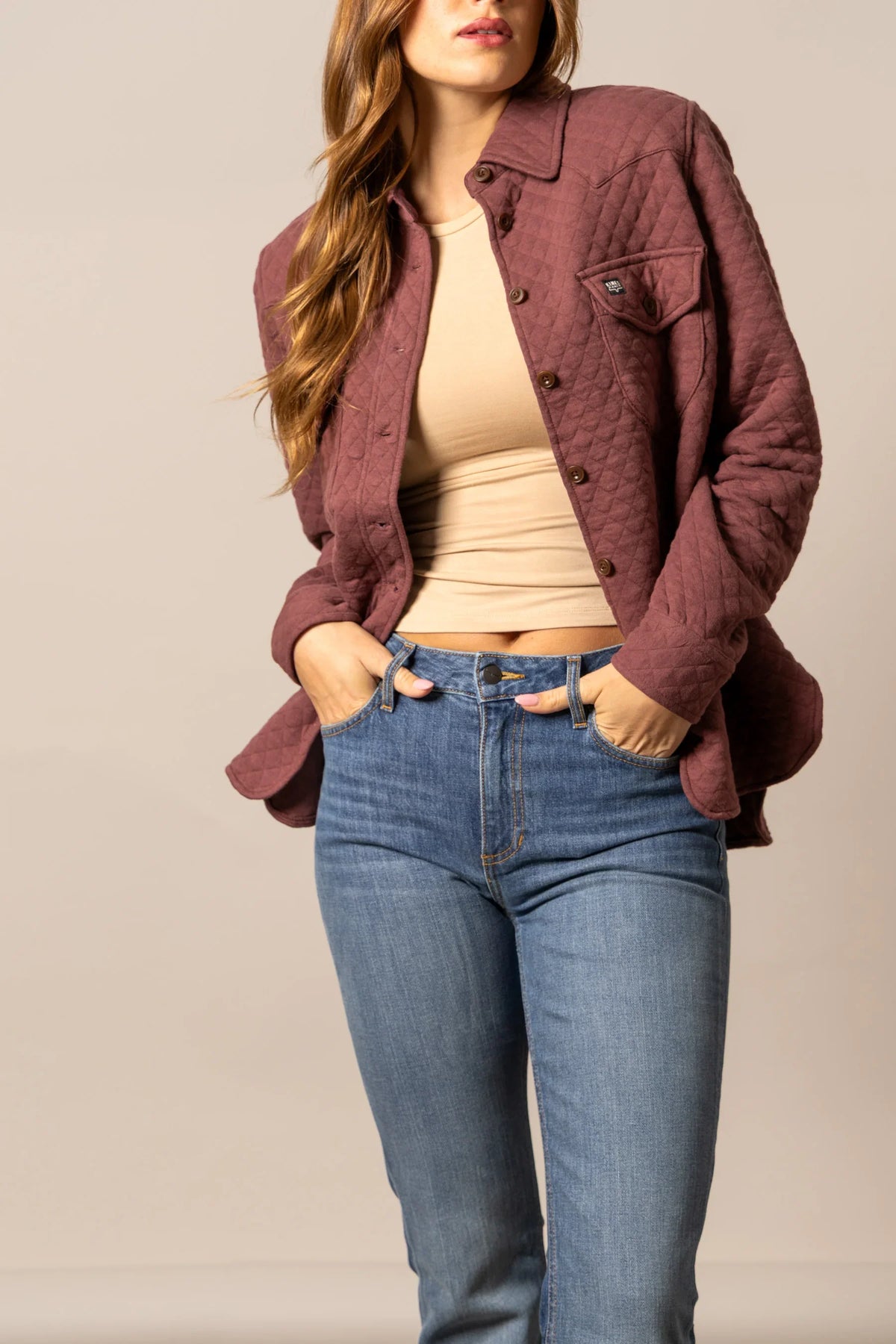 Kimes Ranch Susie Shacket in Mauve with diamond quilting and front pockets