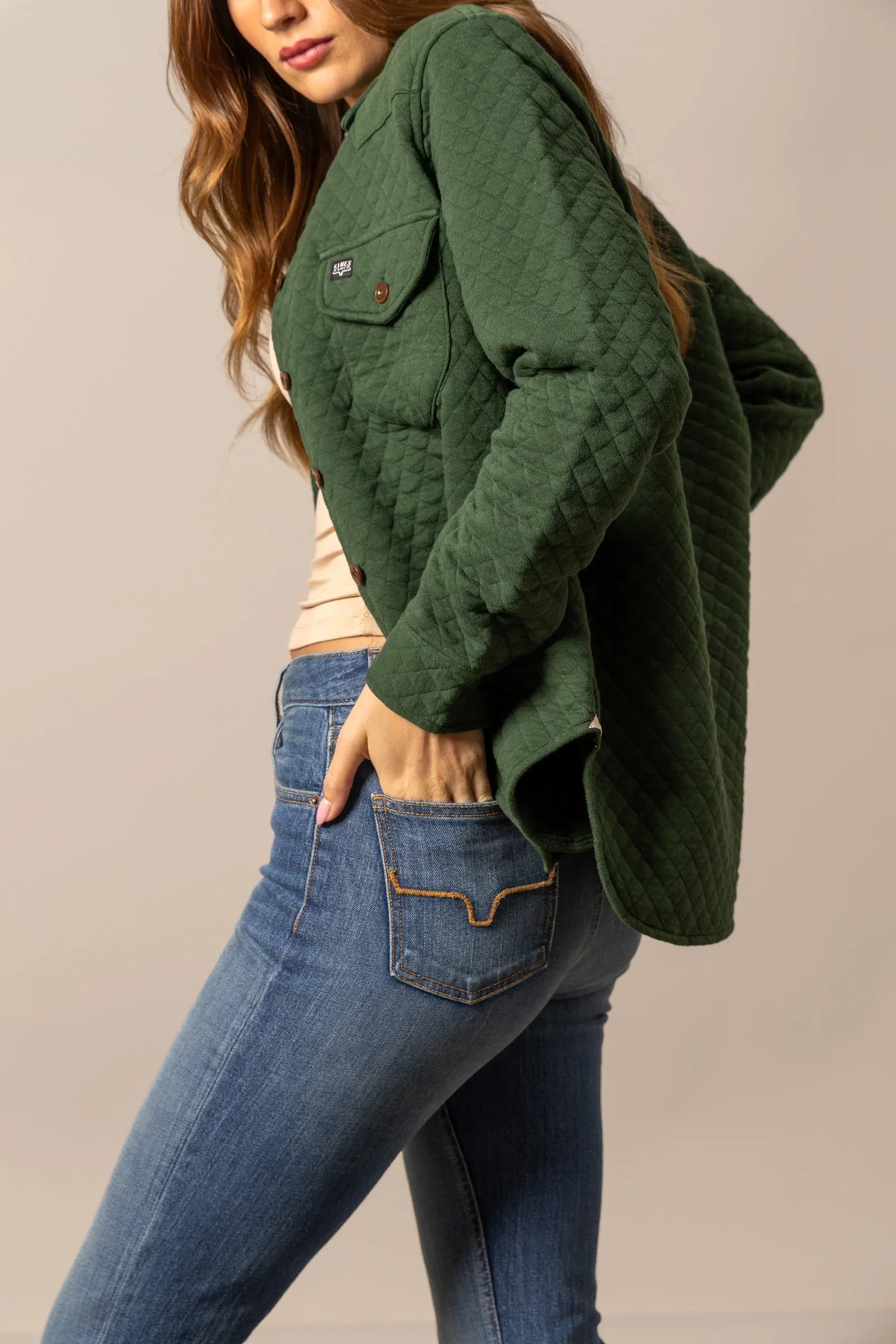 Kimes Ranch Susie Shacket in Forest, side view, with quilted texture and front pockets
