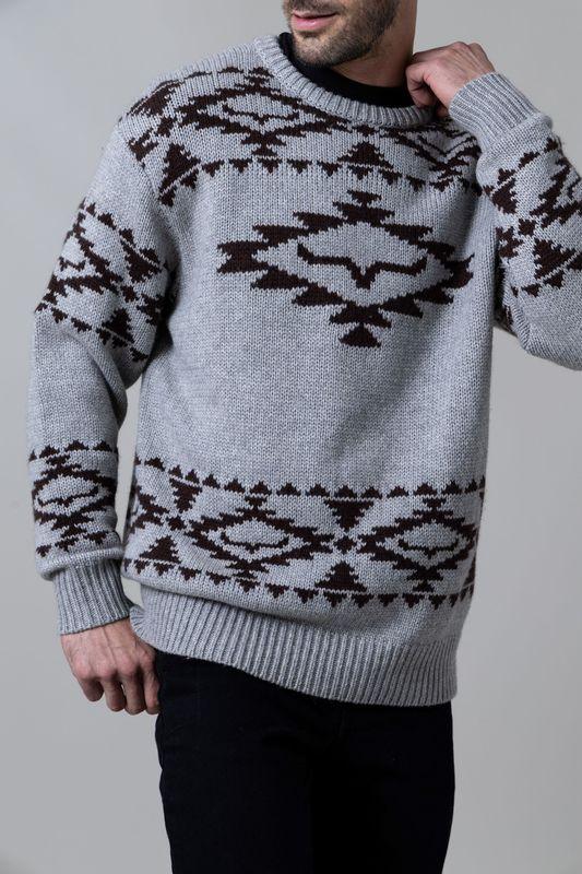Kimes Ranch Mescalero Crew sweatshirt in Grey Heather with a brown geometric pattern and ribbed trim