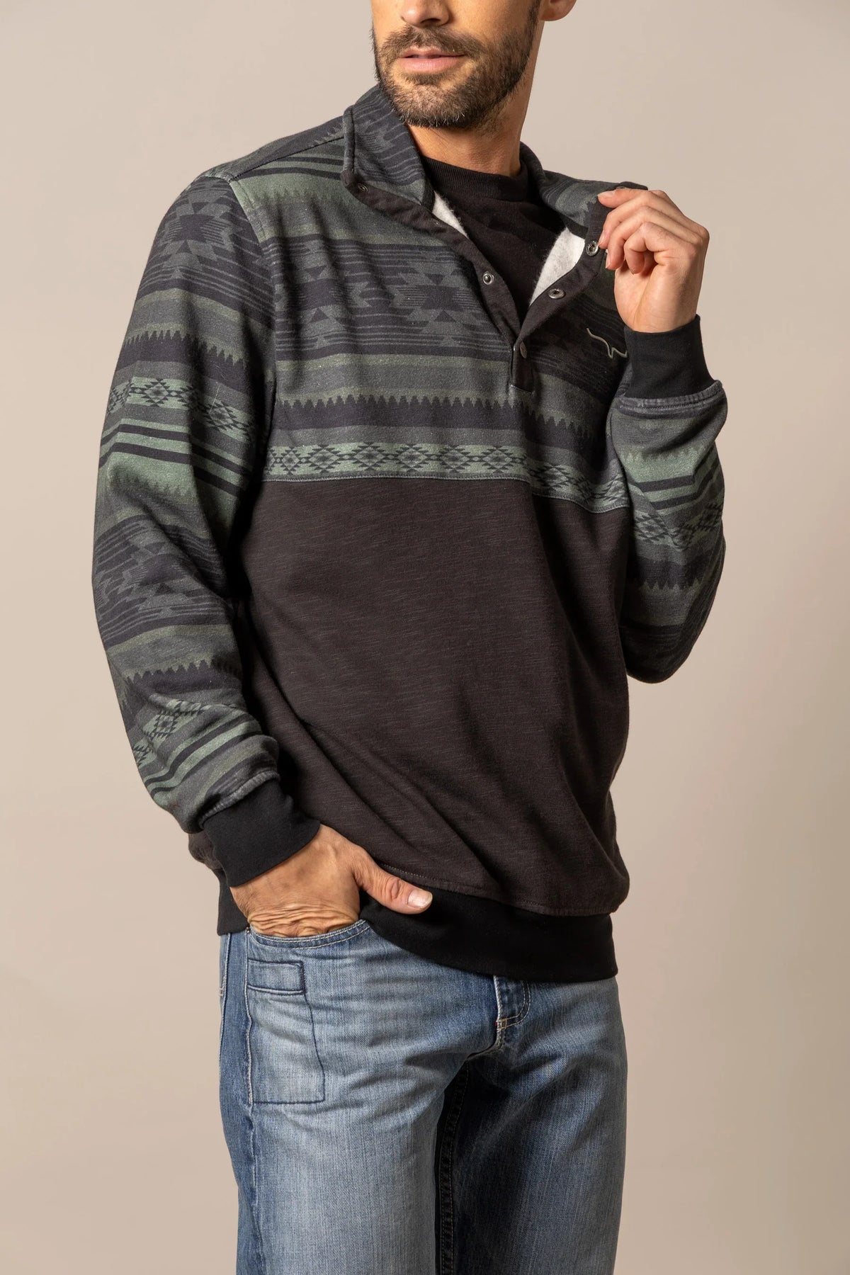 Kimes Ranch Tack Pullover sweatshirt in Black with a green and grey Aztec pattern on the yoke and sleeves