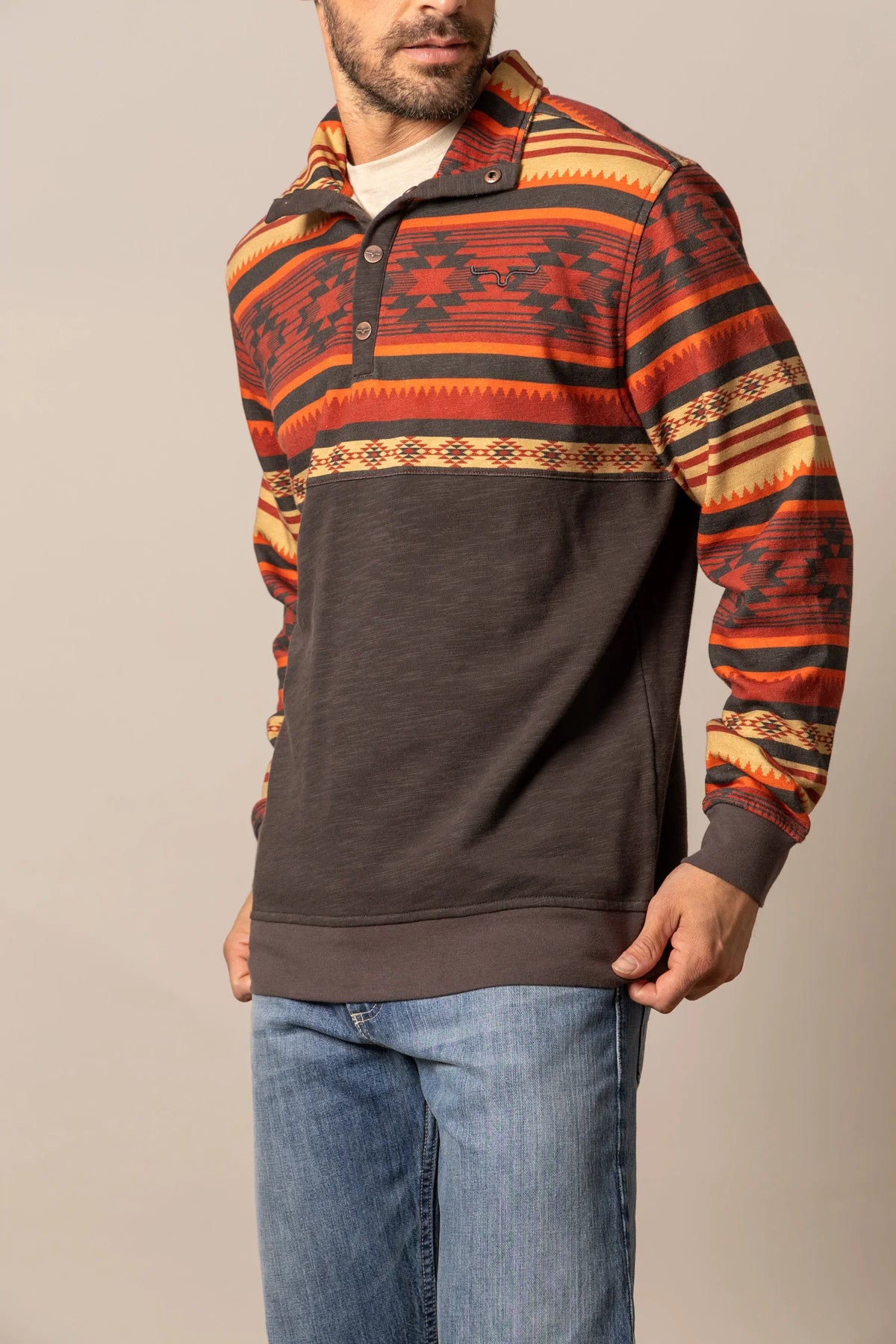 Kimes Ranch Tack Pullover sweatshirt in Brown with a multi-color geometric pattern on the yoke and sleeves