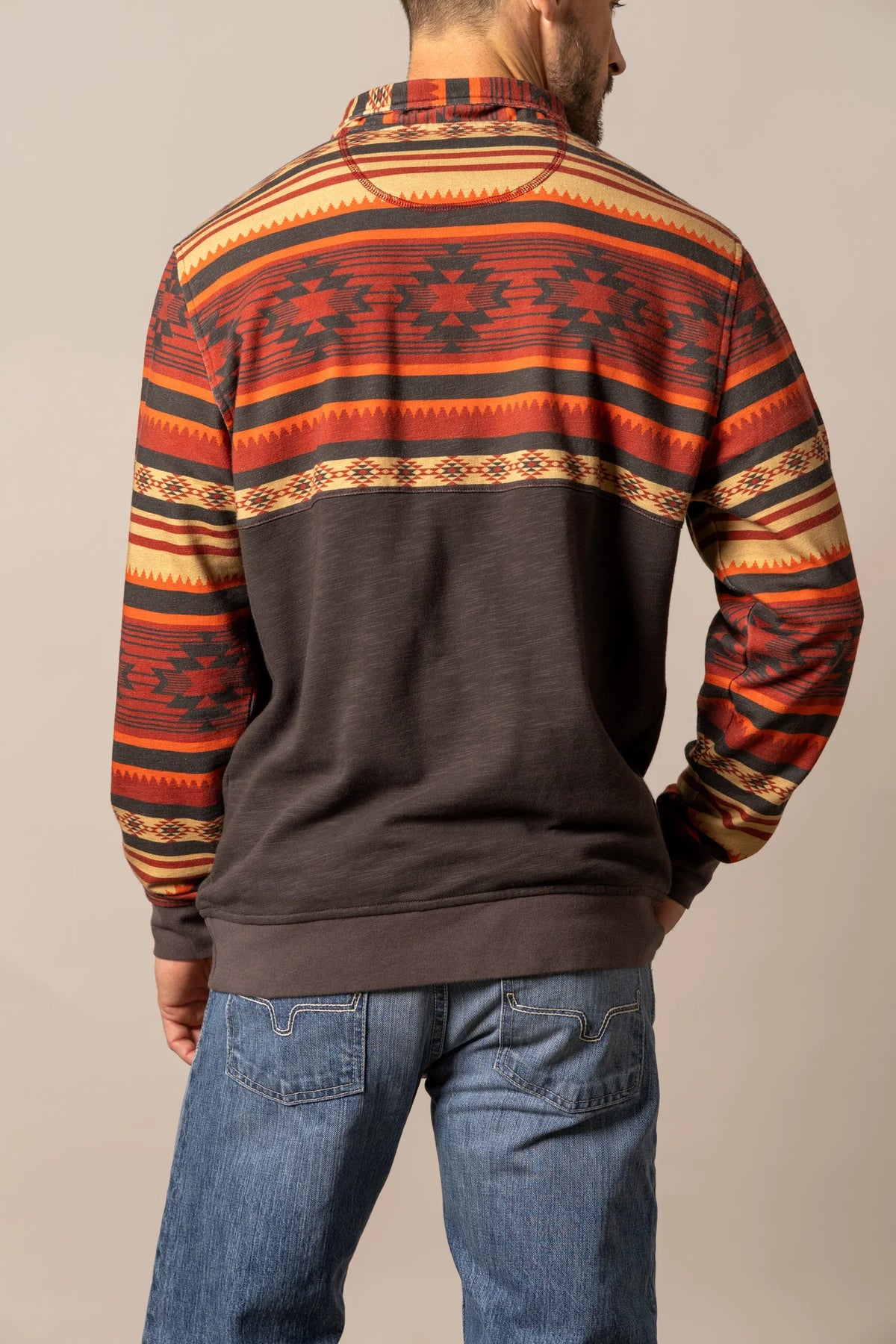 Kimes Ranch Tack Pullover sweatshirt in Brown, back view, with a geometric patterned yoke and sleeves