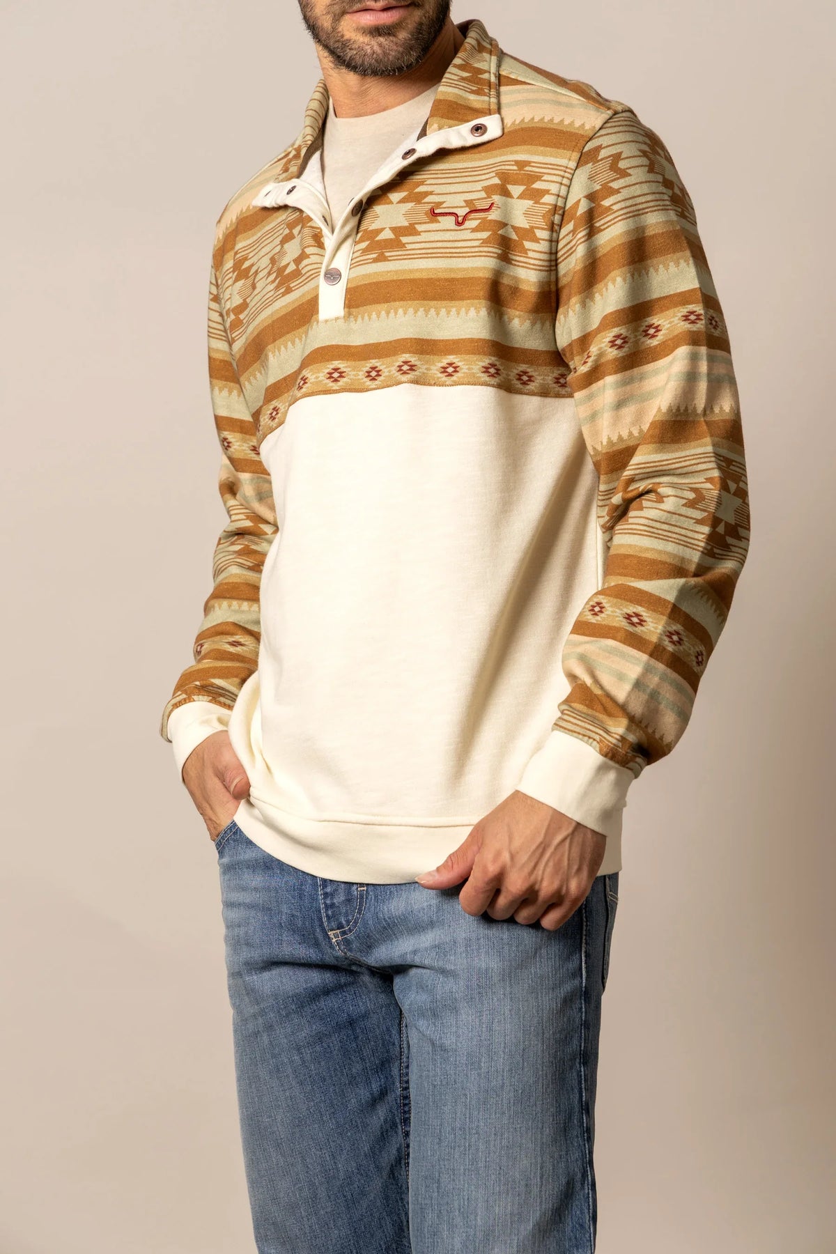 Kimes Ranch Tack Pullover sweatshirt in Natural with aztec patterned sleeves and Kimes Ranch logo