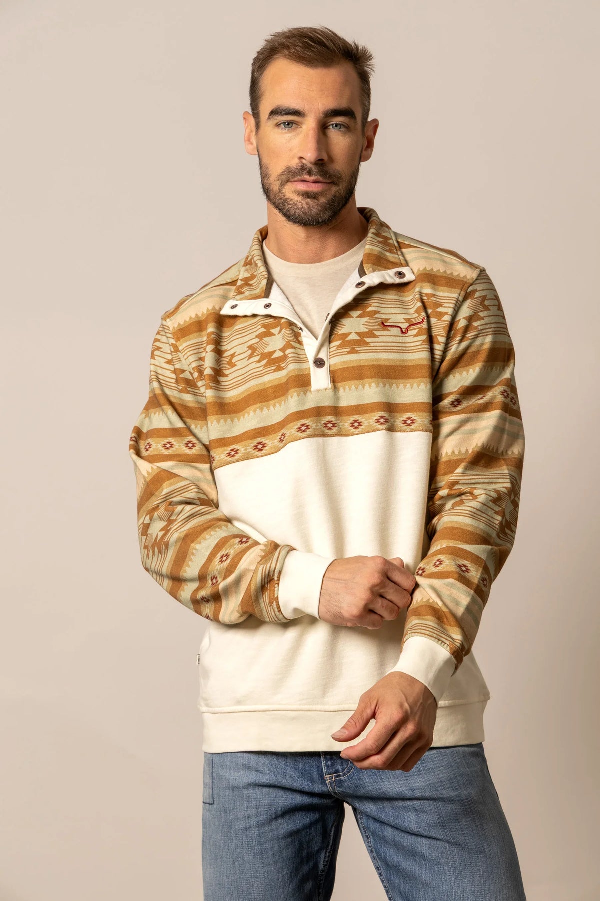 Kimes Ranch Tack Pullover sweatshirt in Natural with a geometric pattern and a half-button placket