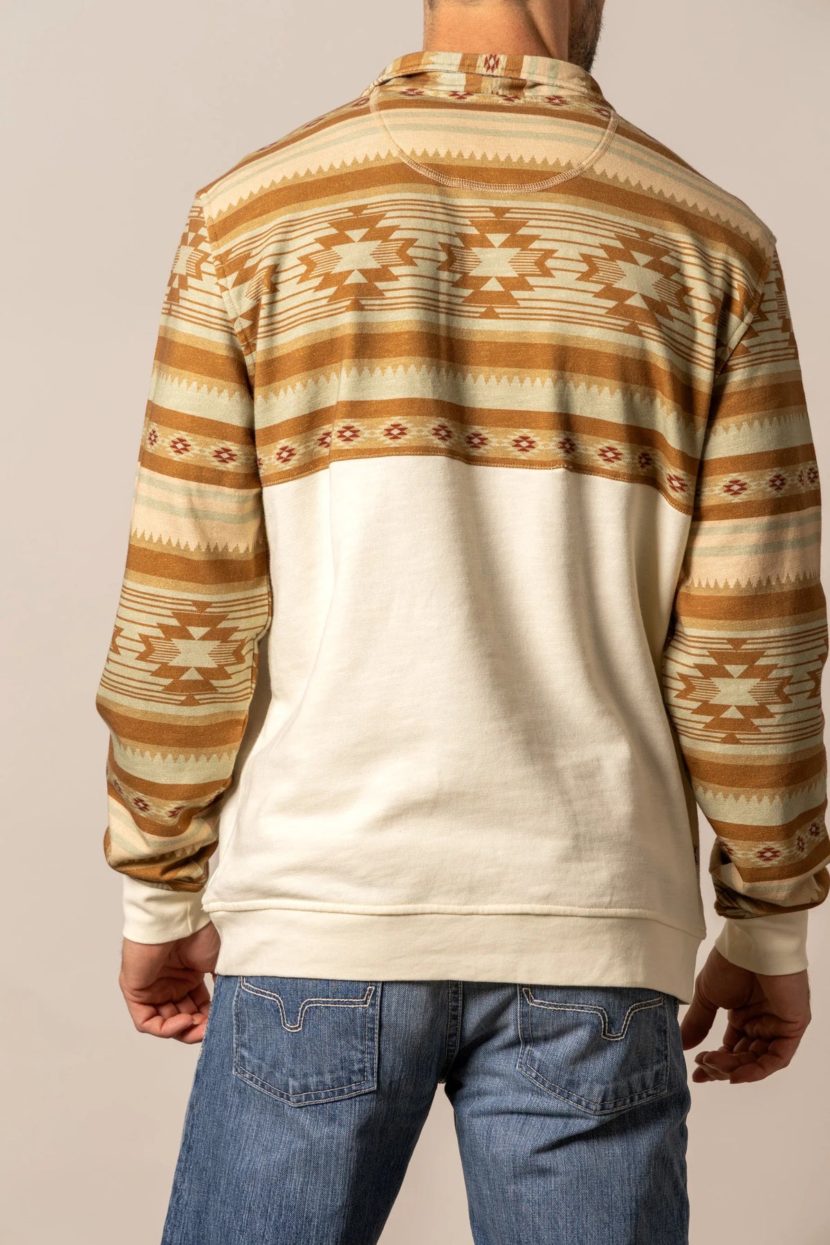 Kimes Ranch Tack Pullover, back view, sweatshirt with brown and tan geometric pattern on shoulders and sleeves
