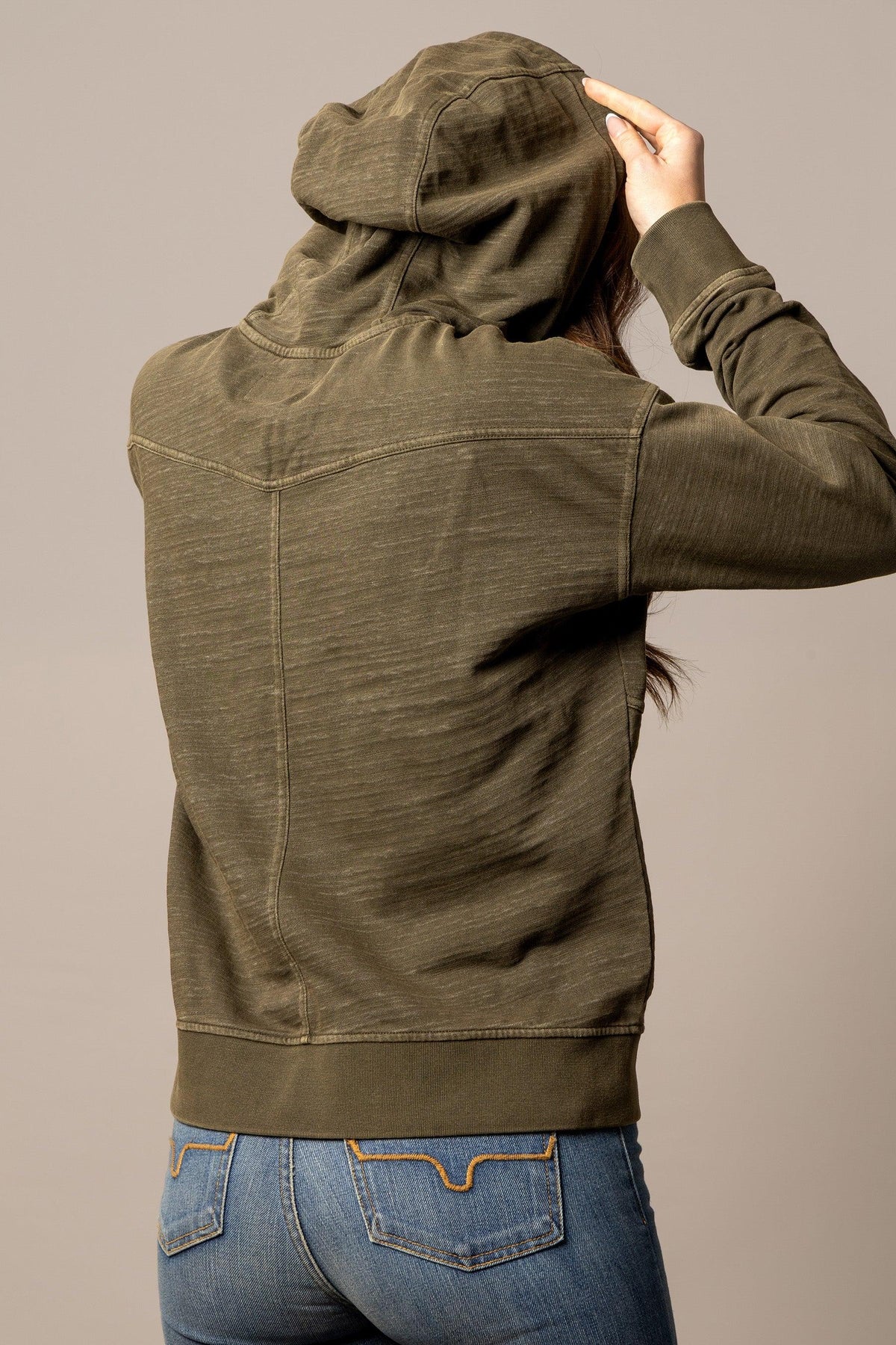 Kimes Ranch Tess Western Hoodie in Dark Olive, back view, with a back yoke and long sleeves