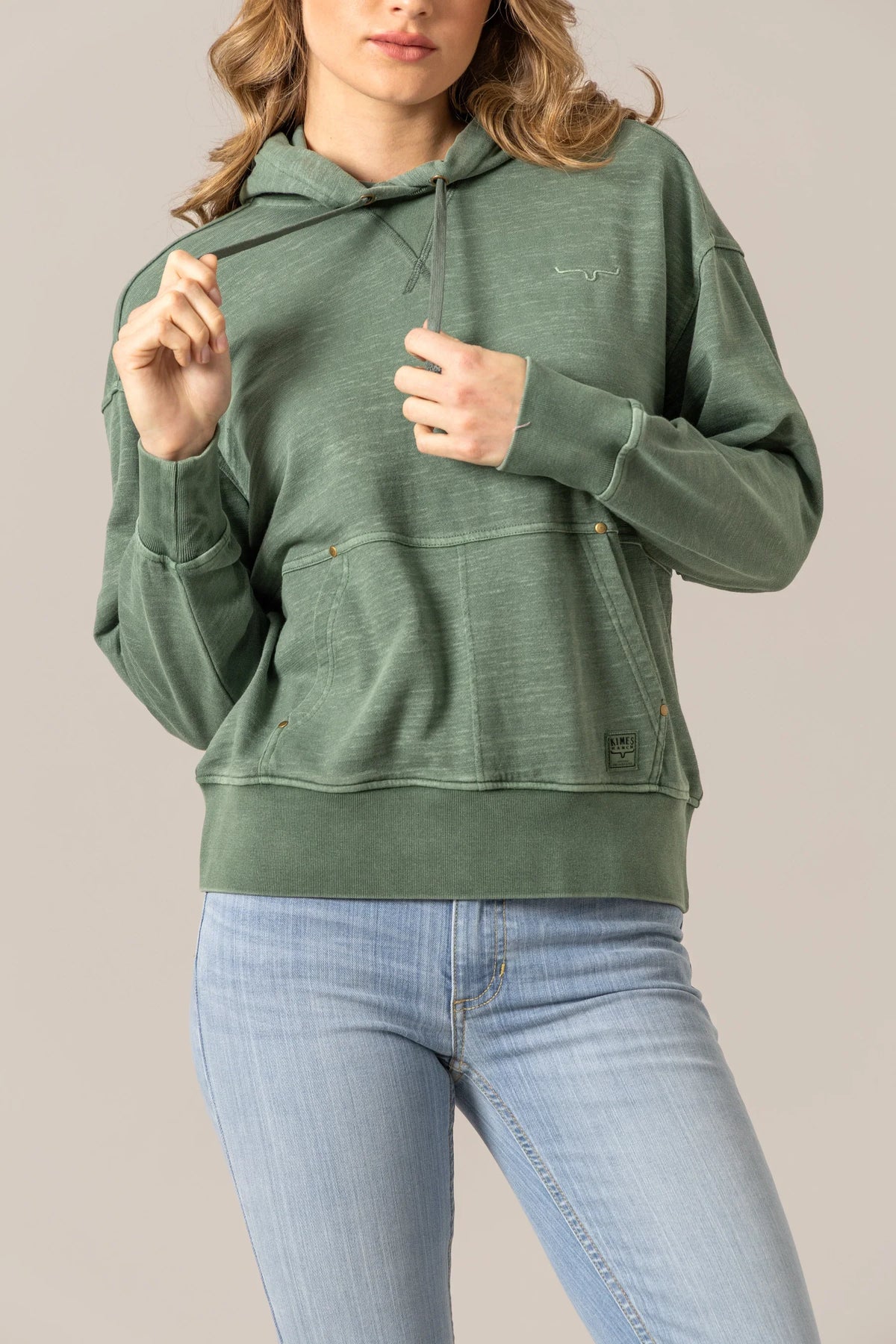 Kimes Ranch Tess Western Hoodie in Pine with a kangaroo pocket and embroidered logo