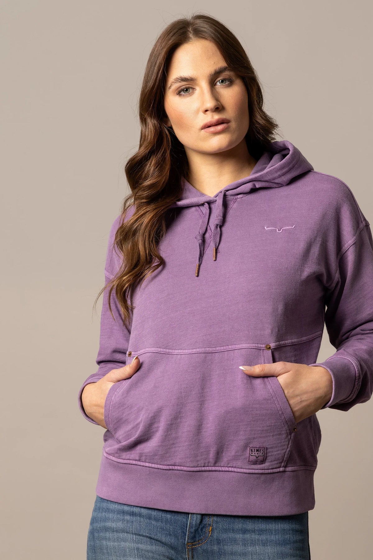 Kimes Ranch Tess Western Hoodie in Plum with embroidered logo and front kangaroo pocket