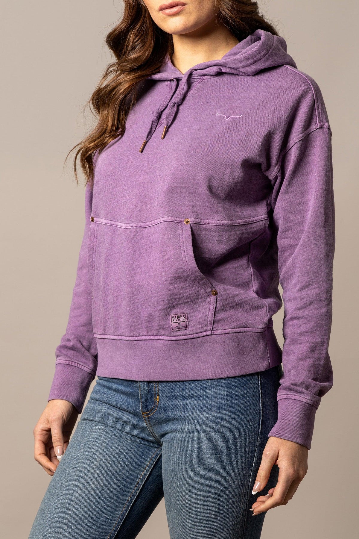 Kimes Ranch Tess Western Hoodie in Plum with a kangaroo pocket and embroidered logo